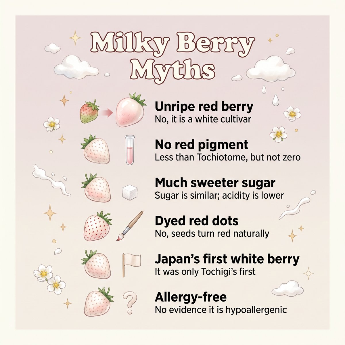 Illustration of six Milky Berry myths and the facts behind them