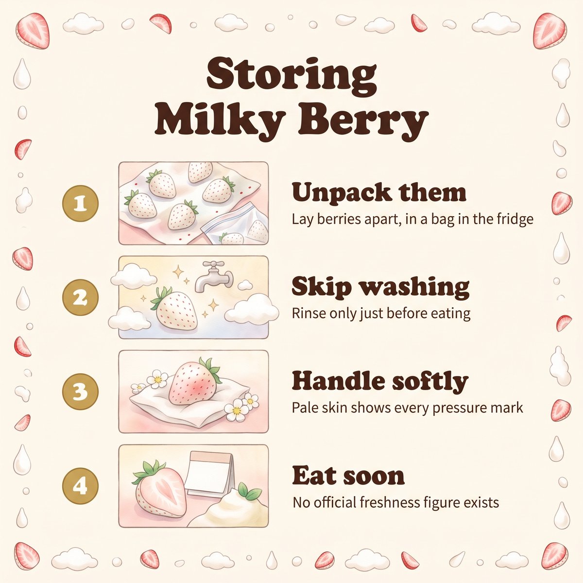Illustration of four tips for storing Milky Berry: unpack, skip washing, handle softly and eat soon
