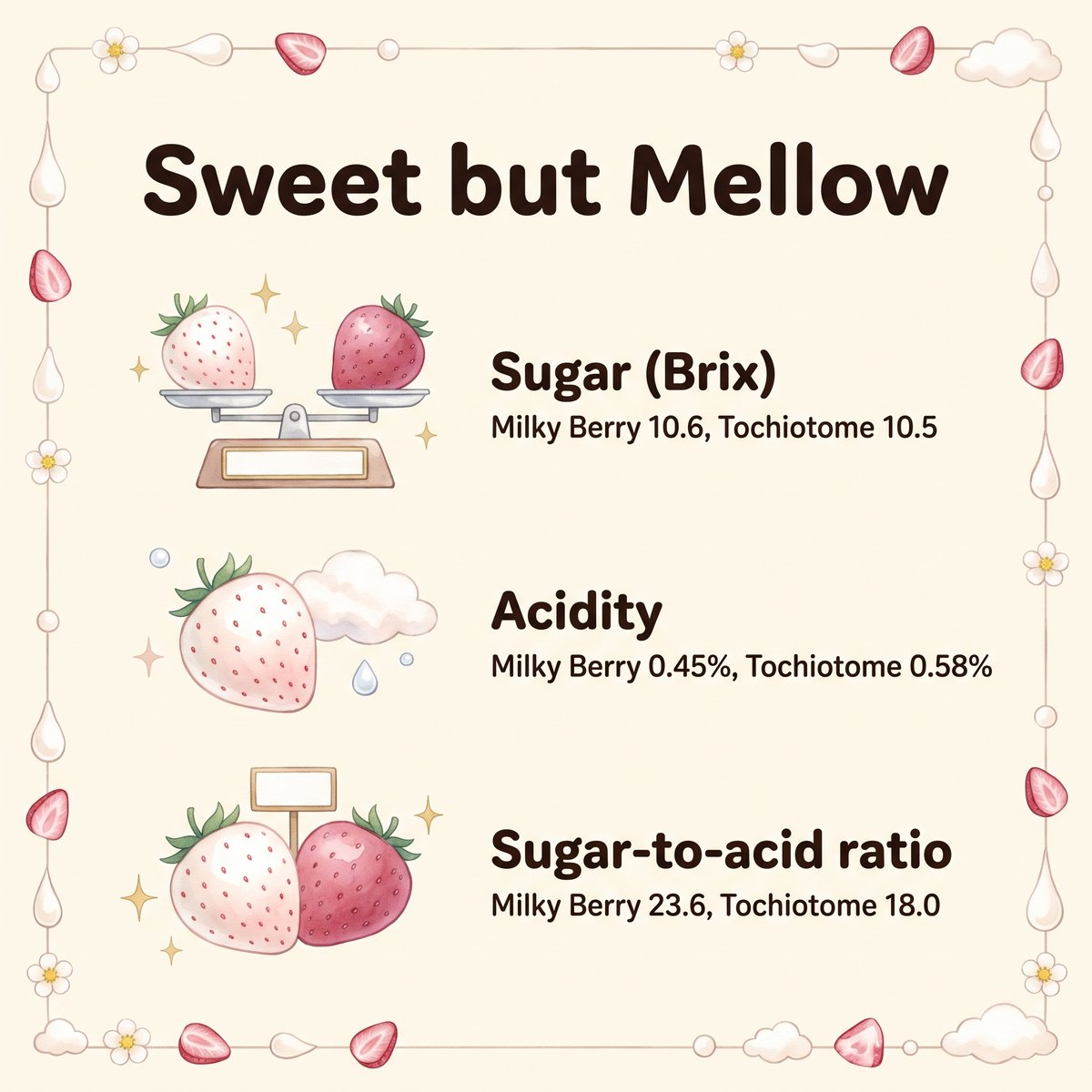 Illustration comparing Milky Berry and Tochiotome on sugar, acidity and sugar-to-acid ratio