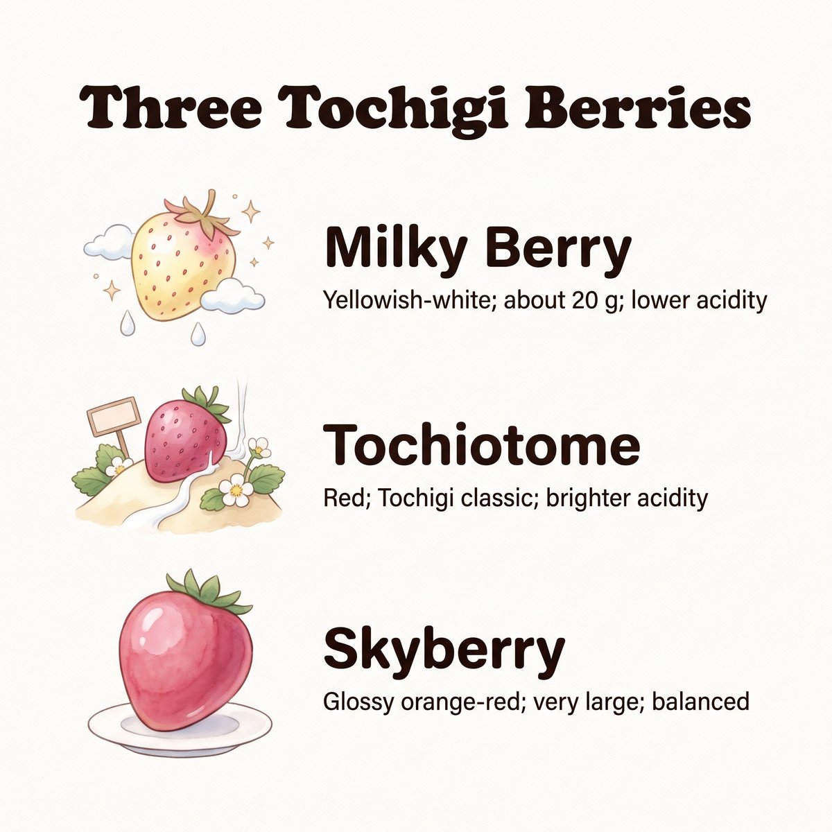 Illustration comparing three Tochigi strawberries: Milky Berry, Tochiotome and Skyberry