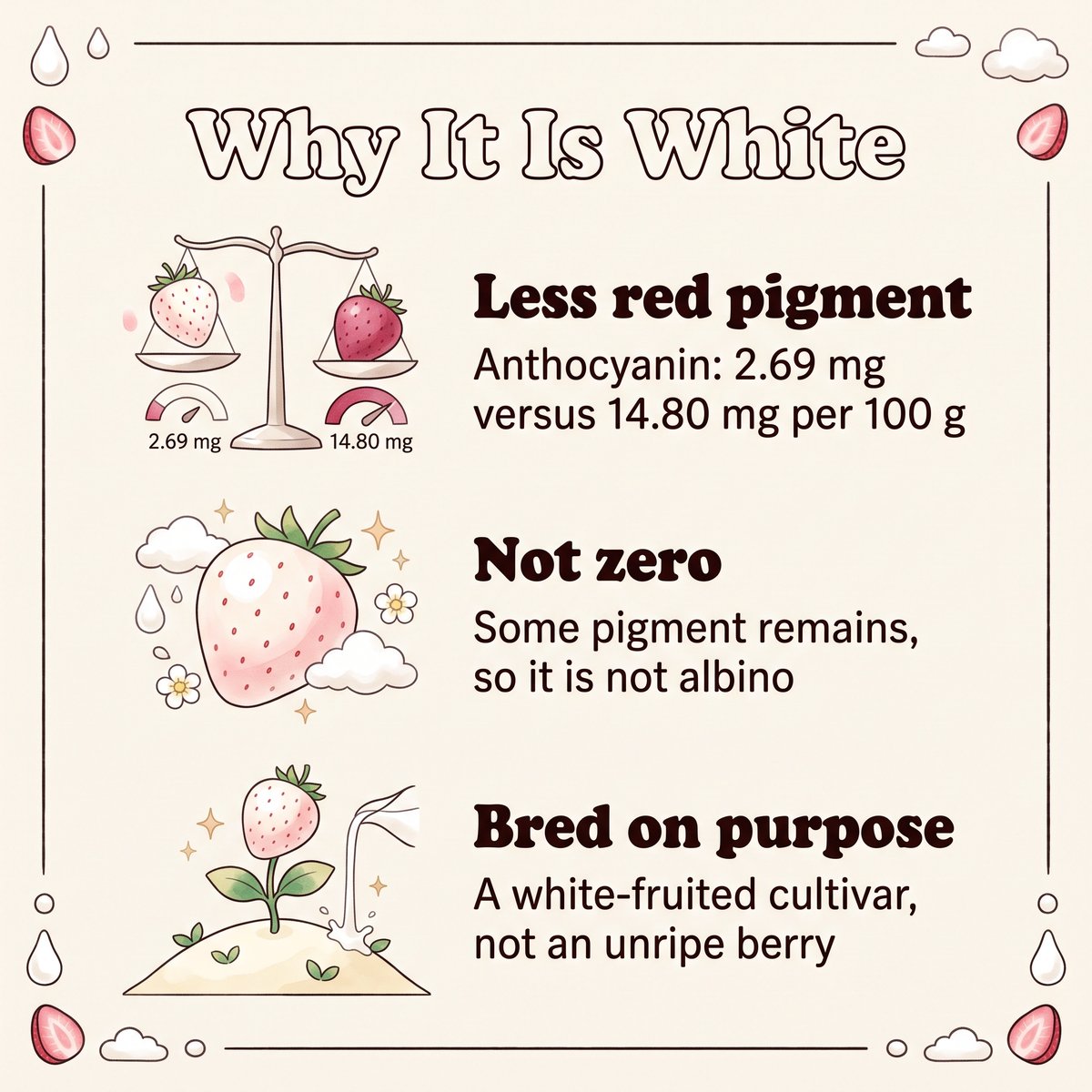 Illustration of why Milky Berry is white: less red pigment, some pigment remaining, and a white-fruited cultivar bred on purpose