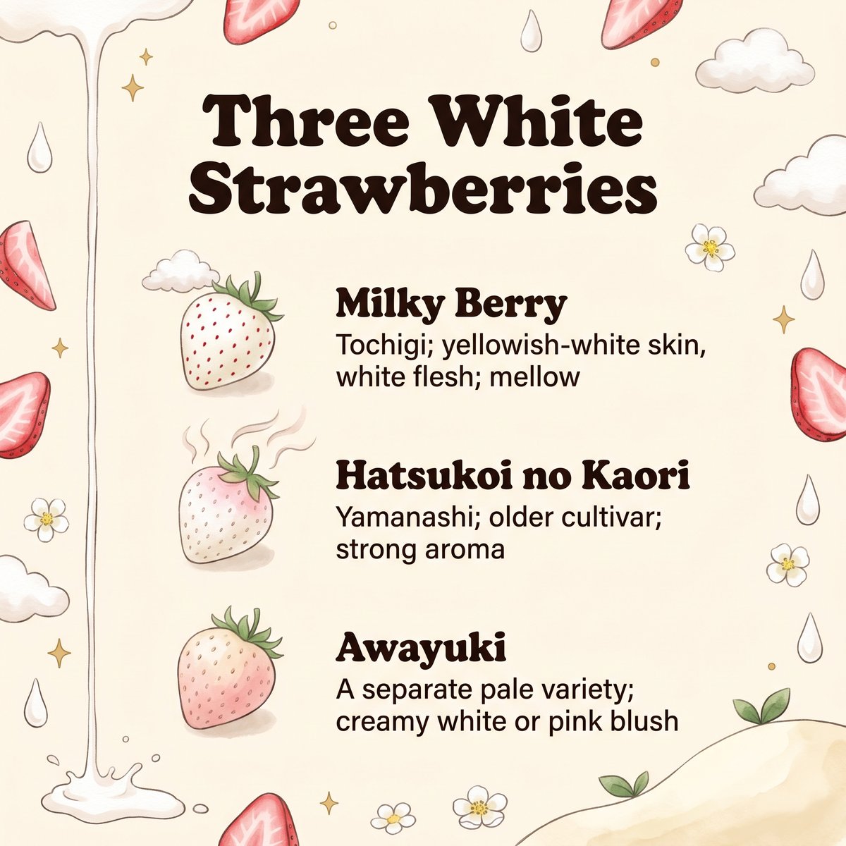 Illustration comparing three white strawberries: Milky Berry, Hatsukoi no Kaori and Awayuki