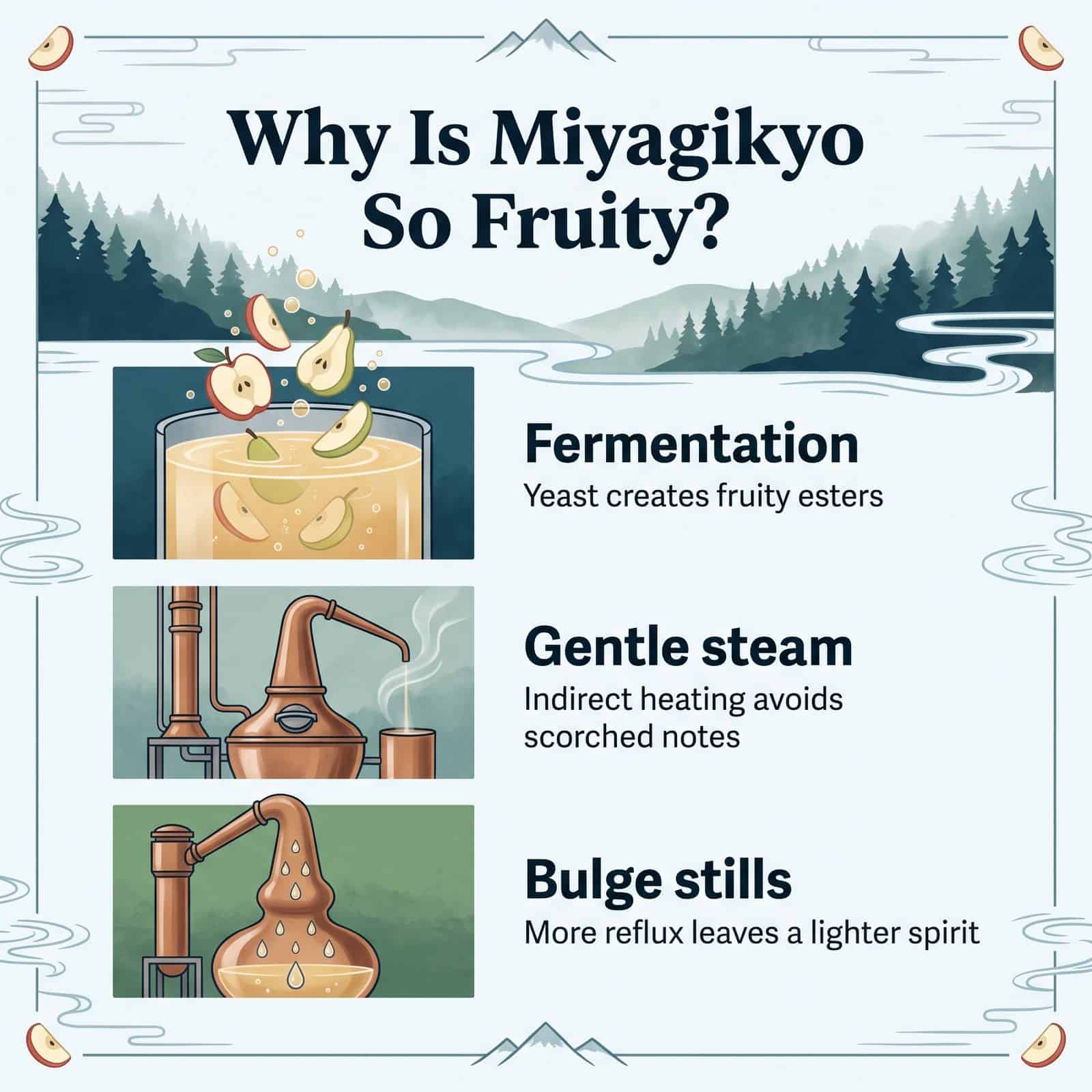 宮城峡ウイスキーがフルーティーな理由を示すイラスト:発酵、穏やかな蒸気加熱、膨らみのある形のスチル