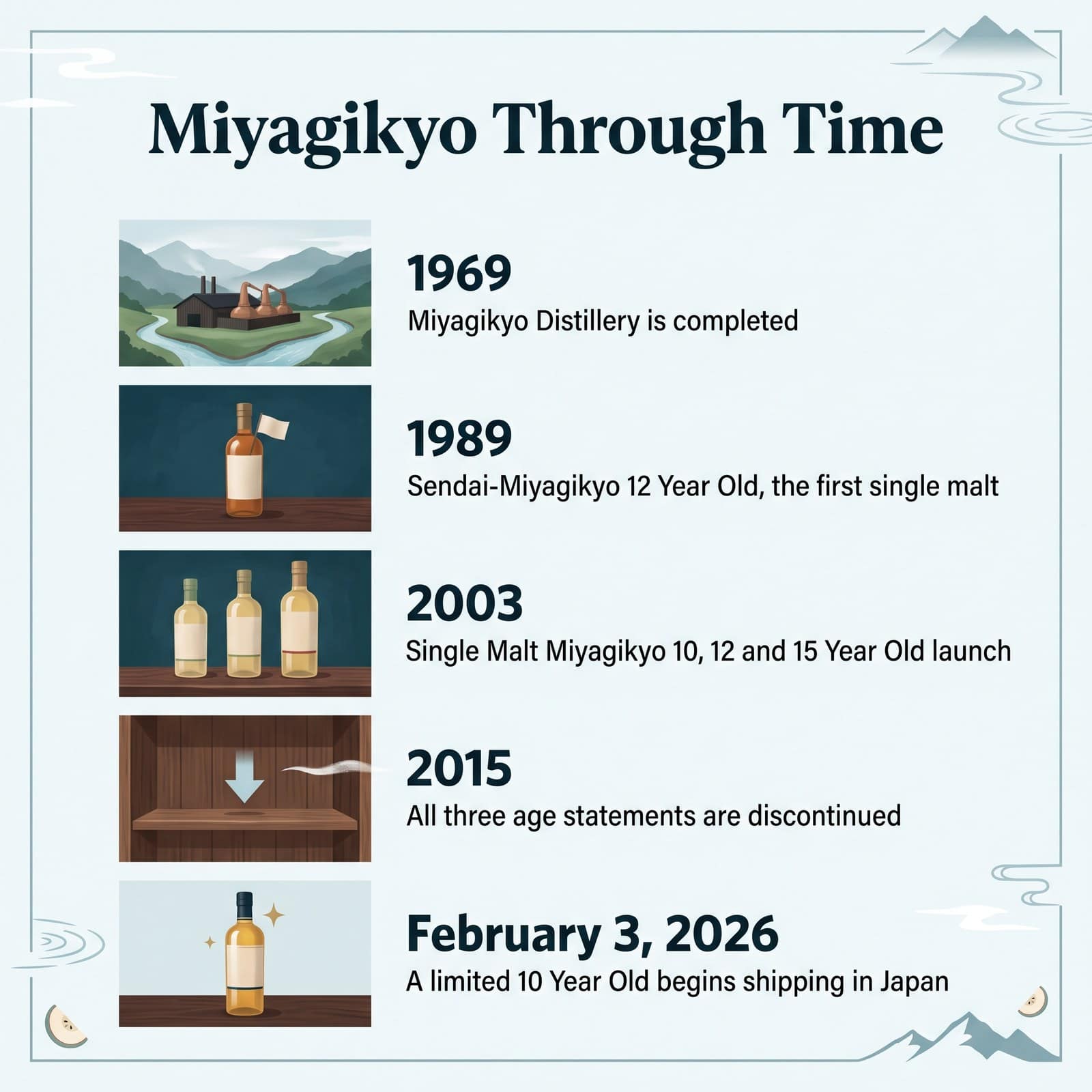 1969年の蒸溜所の誕生から2026年の限定10年までの、宮城峡ウイスキーの歴史を示すイラスト