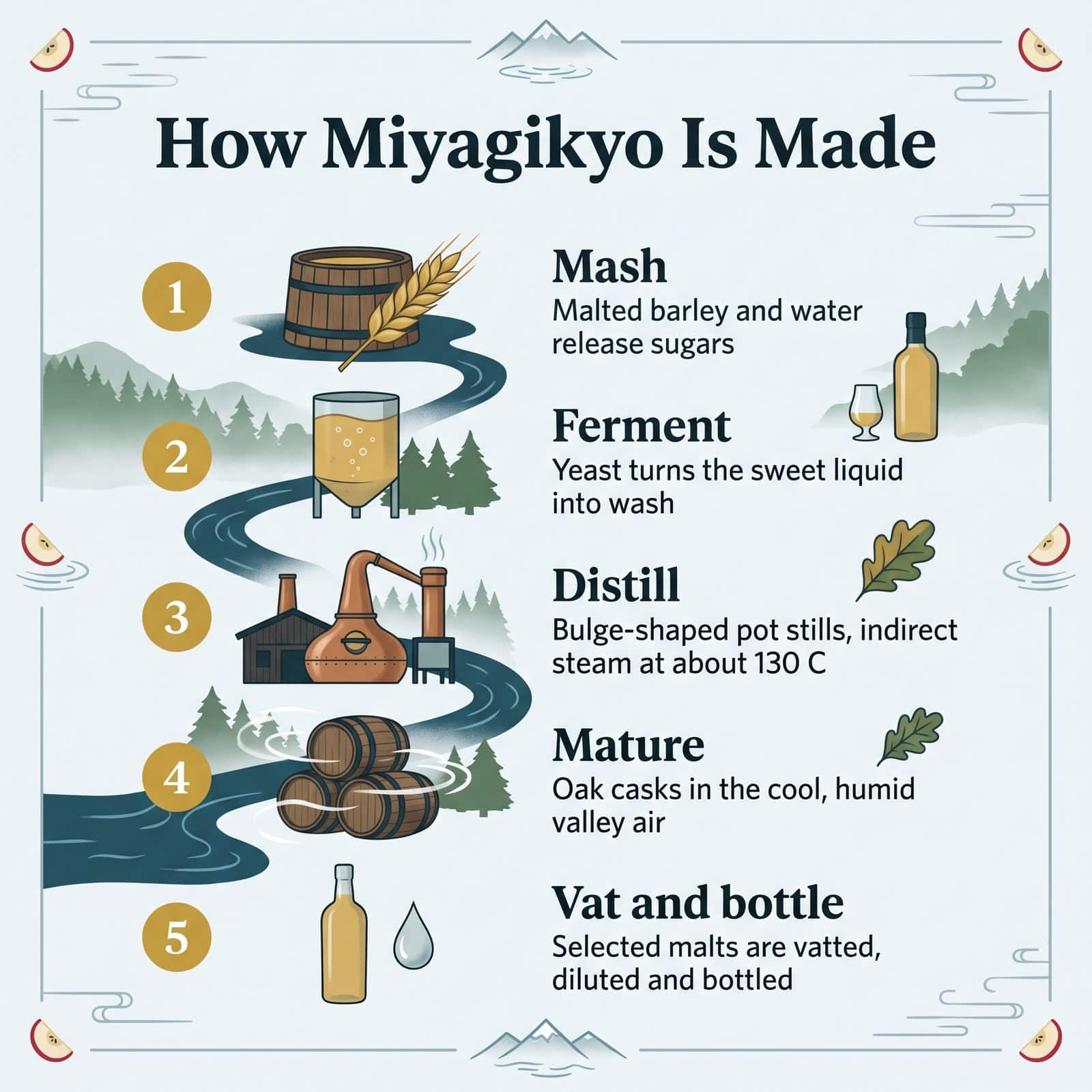 宮城峡ウイスキーづくりの5つの工程を示すイラスト:糖化、発酵、蒸溜、熟成、ヴァッティングと瓶詰め