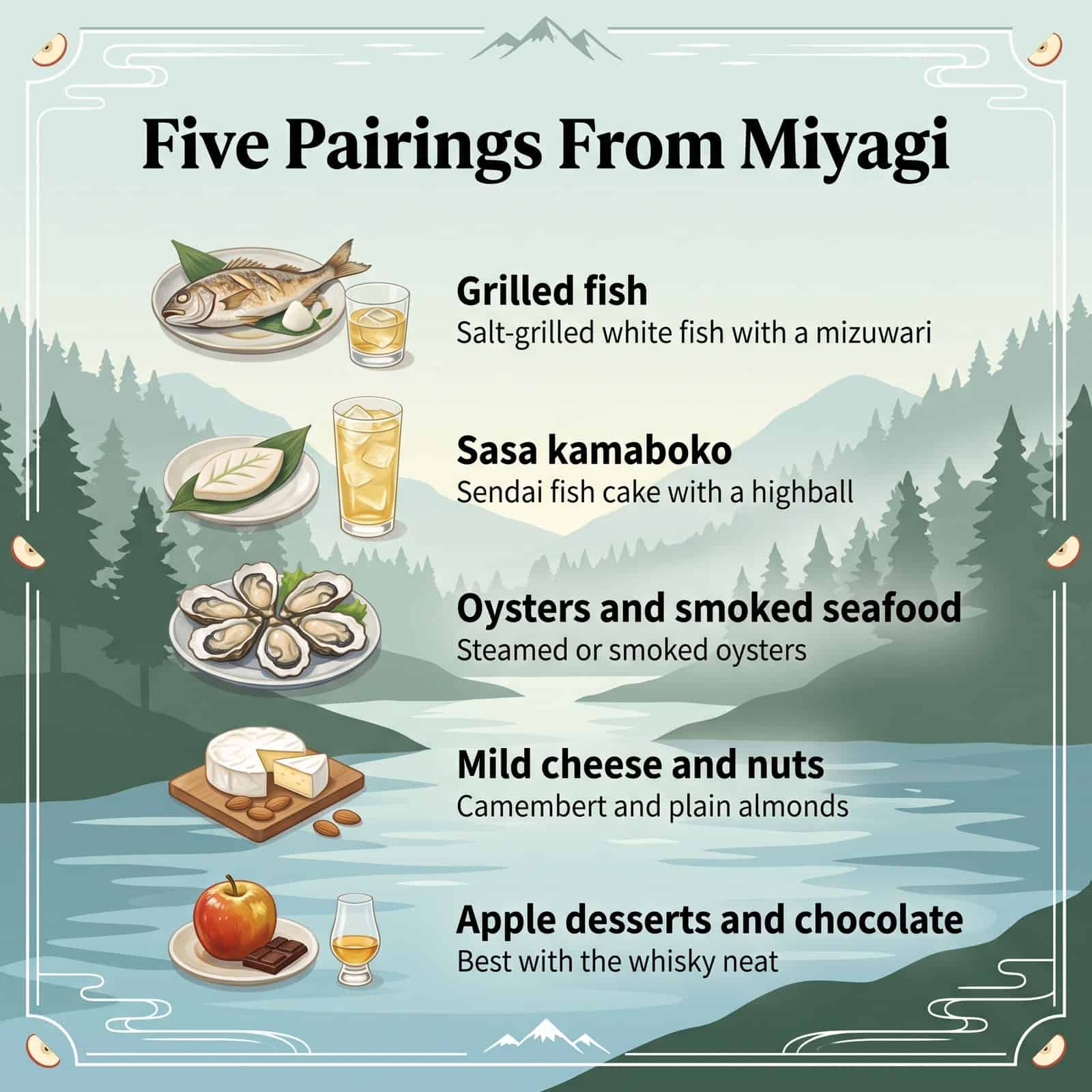 宮城峡ウイスキーと合う5つの料理を示すイラスト:焼き魚、笹かまぼこ、牡蠣、チーズとナッツ、リンゴのデザート