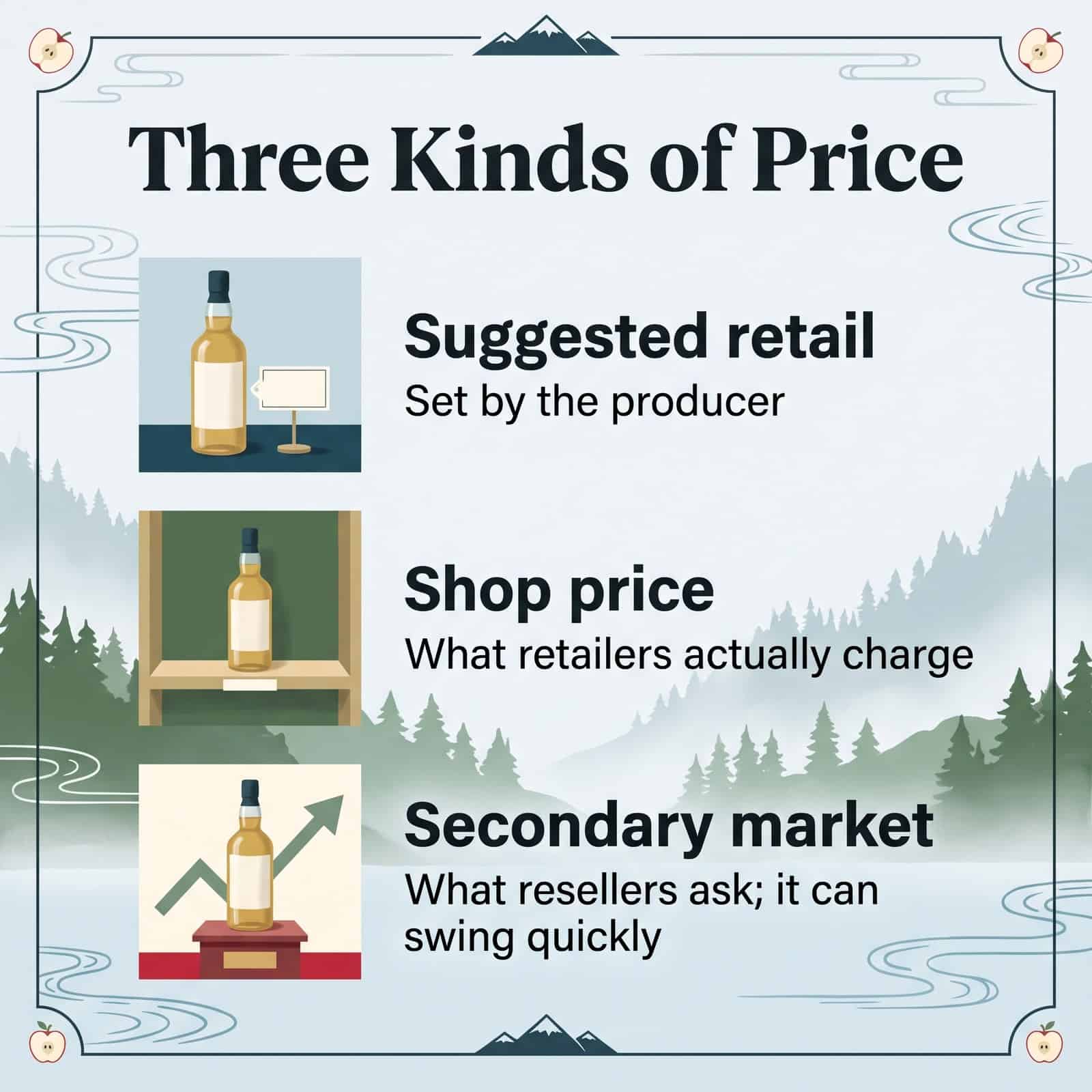 ウイスキーの3種類の価格を示すイラスト:希望小売価格、店頭価格、二次流通価格