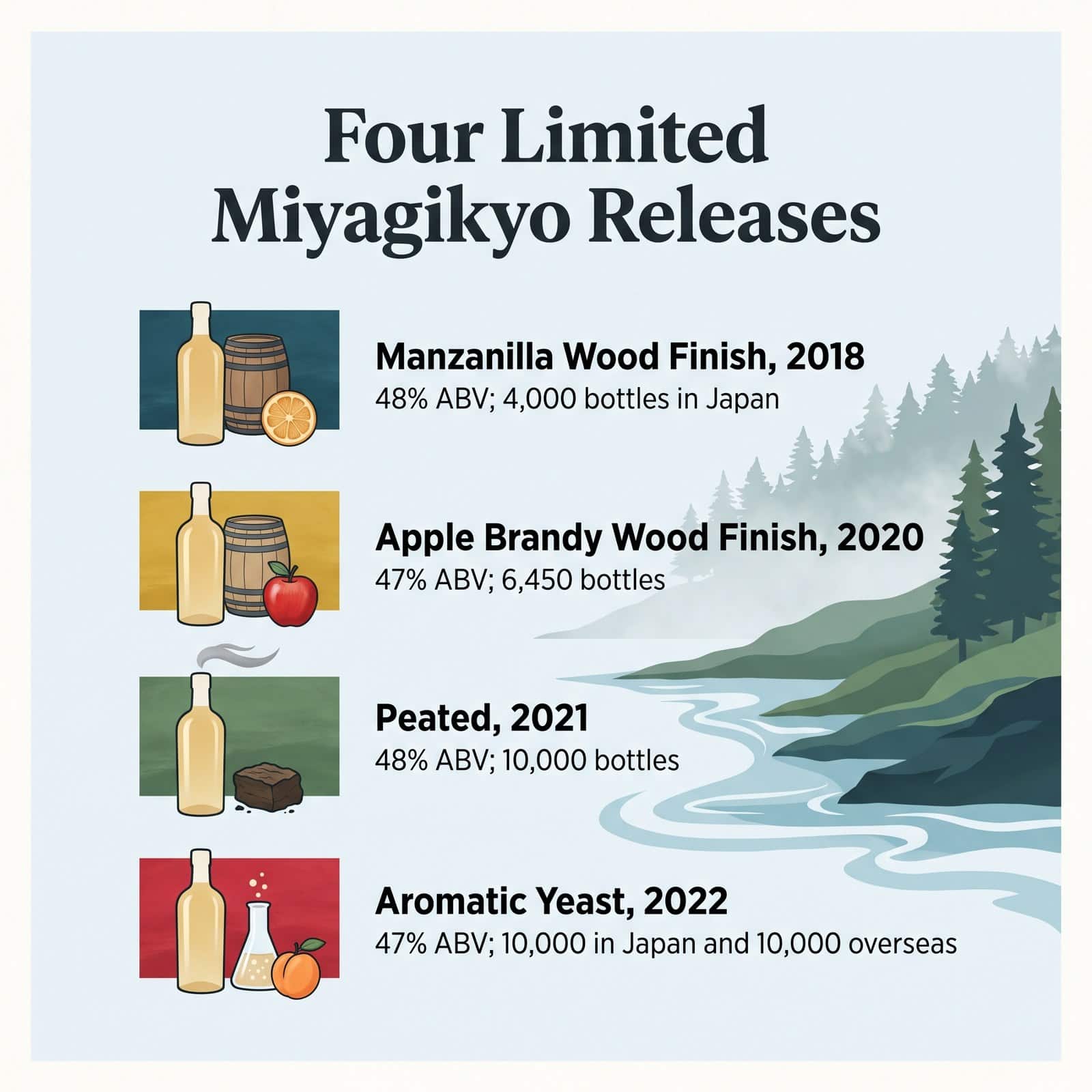 限定4種の宮城峡のイラスト:マンサニージャウッドフィニッシュ、アップルブランデーウッドフィニッシュ、ピーテッド、アロマティックイースト