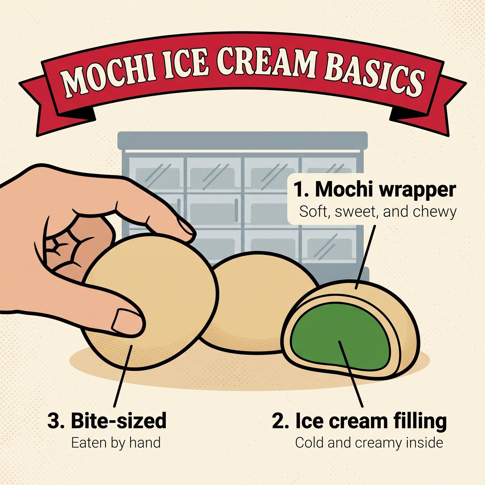 Fundamentos del helado de mochi: envoltura de mochi, relleno de helado y piezas de un bocado en un estilo gráfico de supermercado de los años 90