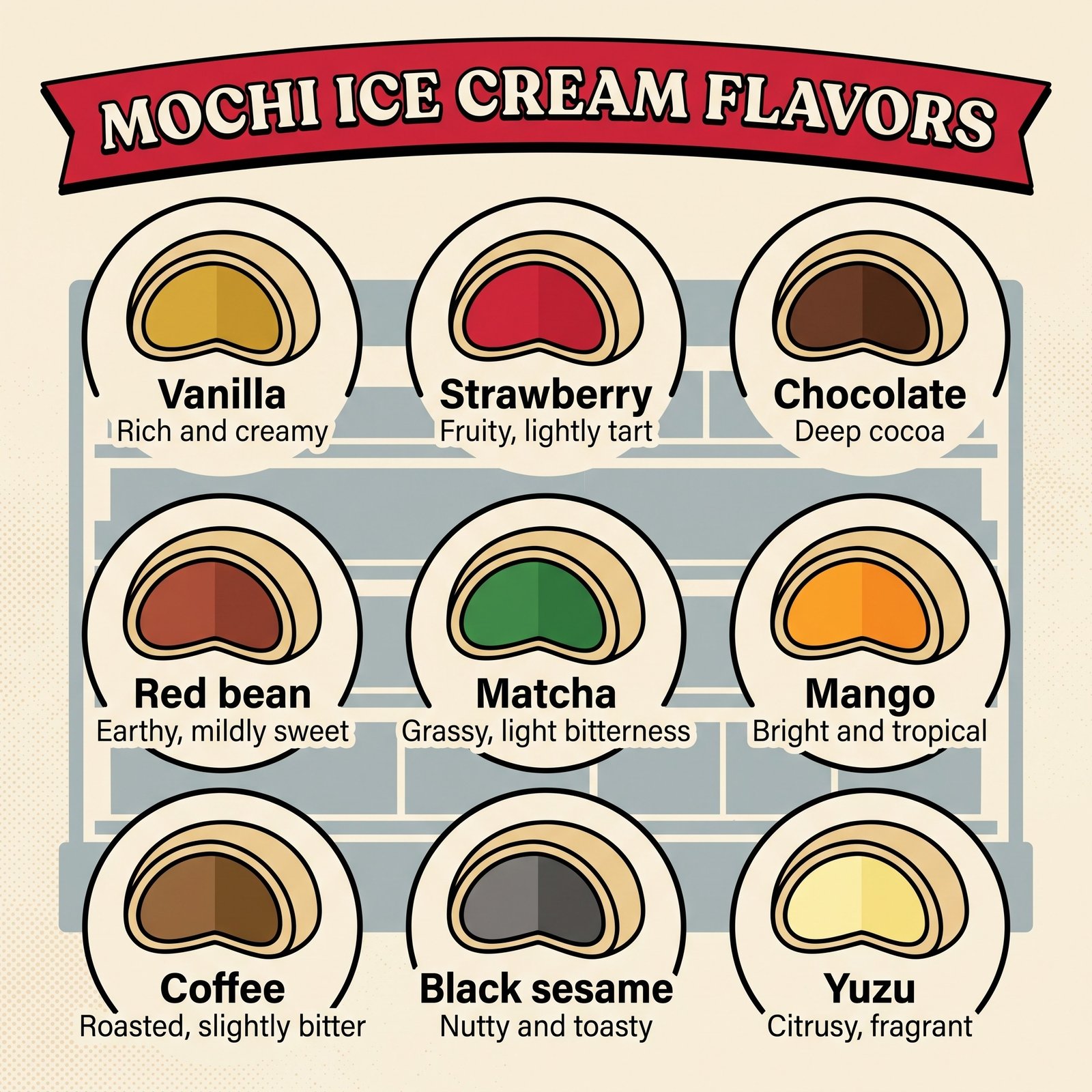 Sabores del helado de mochi: vainilla, fresa, chocolate, judía roja, matcha, mango, café, sésamo negro y yuzu