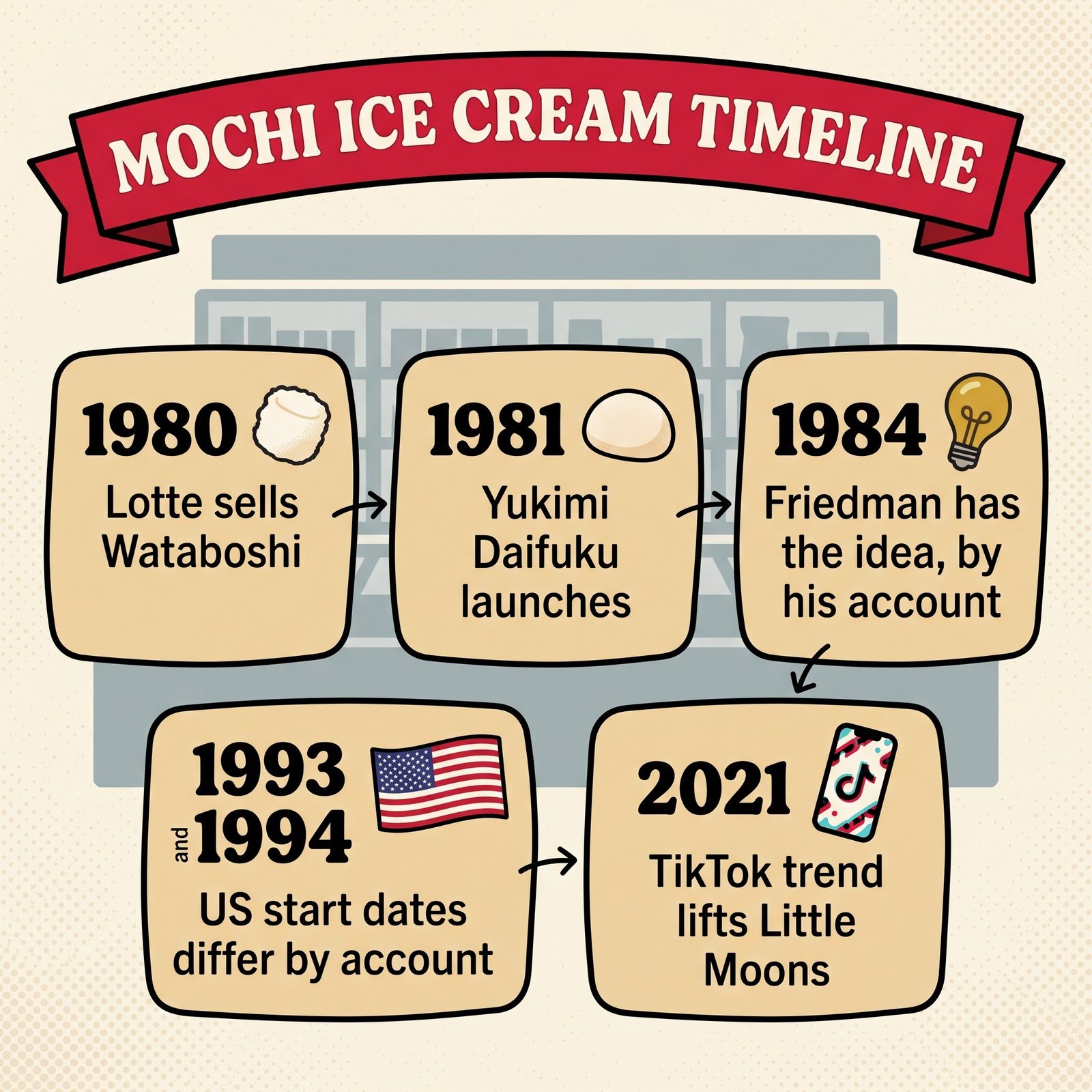 Cronología del helado de mochi: Wataboshi en 1980, Yukimi Daifuku en 1981, la idea de 1984, el inicio en EE. UU. en 1993 y 1994, y la tendencia de TikTok en el Reino Unido en 2021