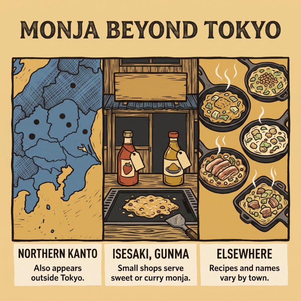Monjayaki di luar Tokyo: Kanto utara, Isesaki di Gunma, dan versi daerah lainnya