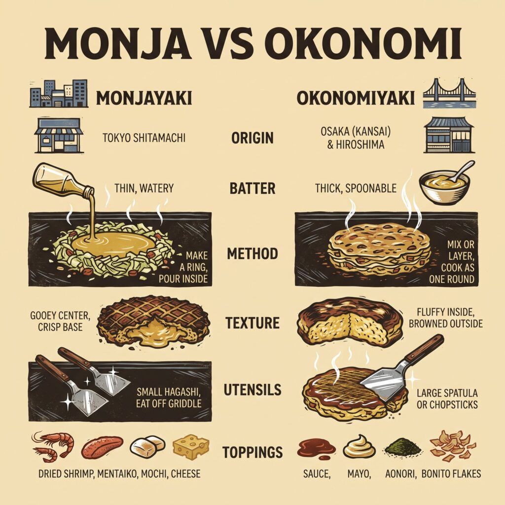 Perbandingan monjayaki dan okonomiyaki: asal, adonan, cara memasak, tekstur, alat makan, dan topping