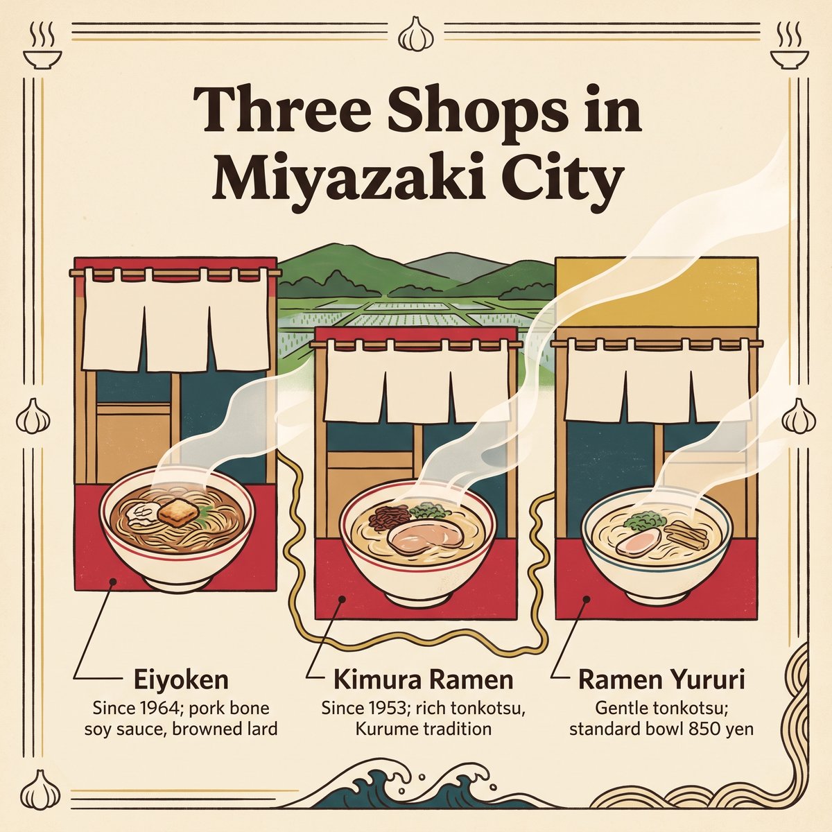 宫崎市三家拉面店的插图:Eiyoken、Kimura Ramen和Ramen Yururi