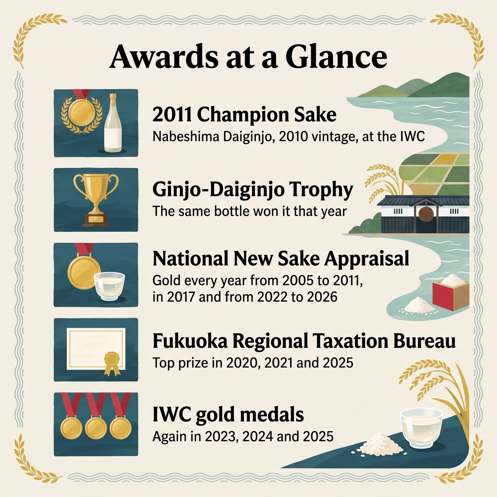 Illustration of Nabeshima awards: the 2011 IWC Champion Sake, trophies and gold medals