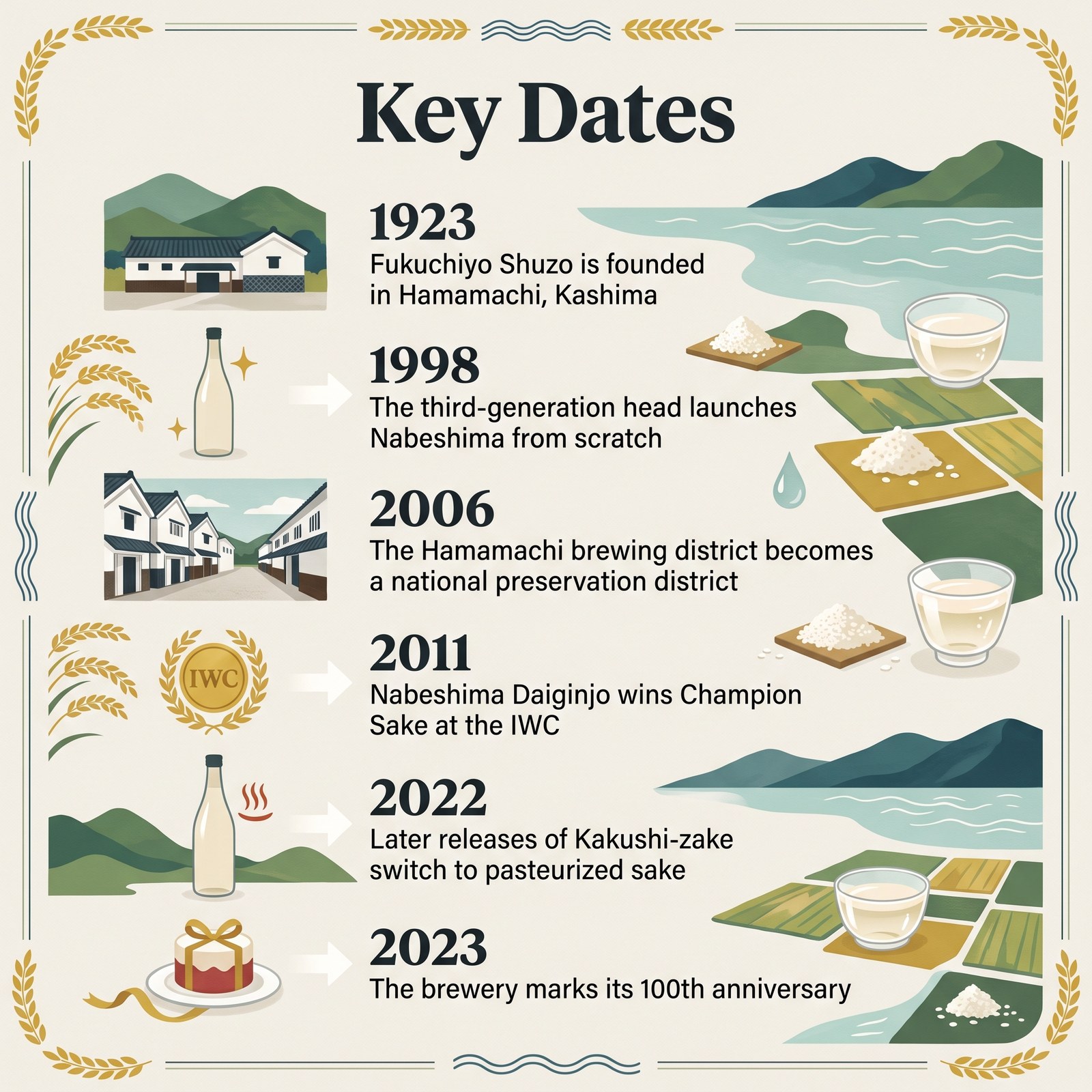 Illustration of key dates for Nabeshima sake from 1923 to 2023