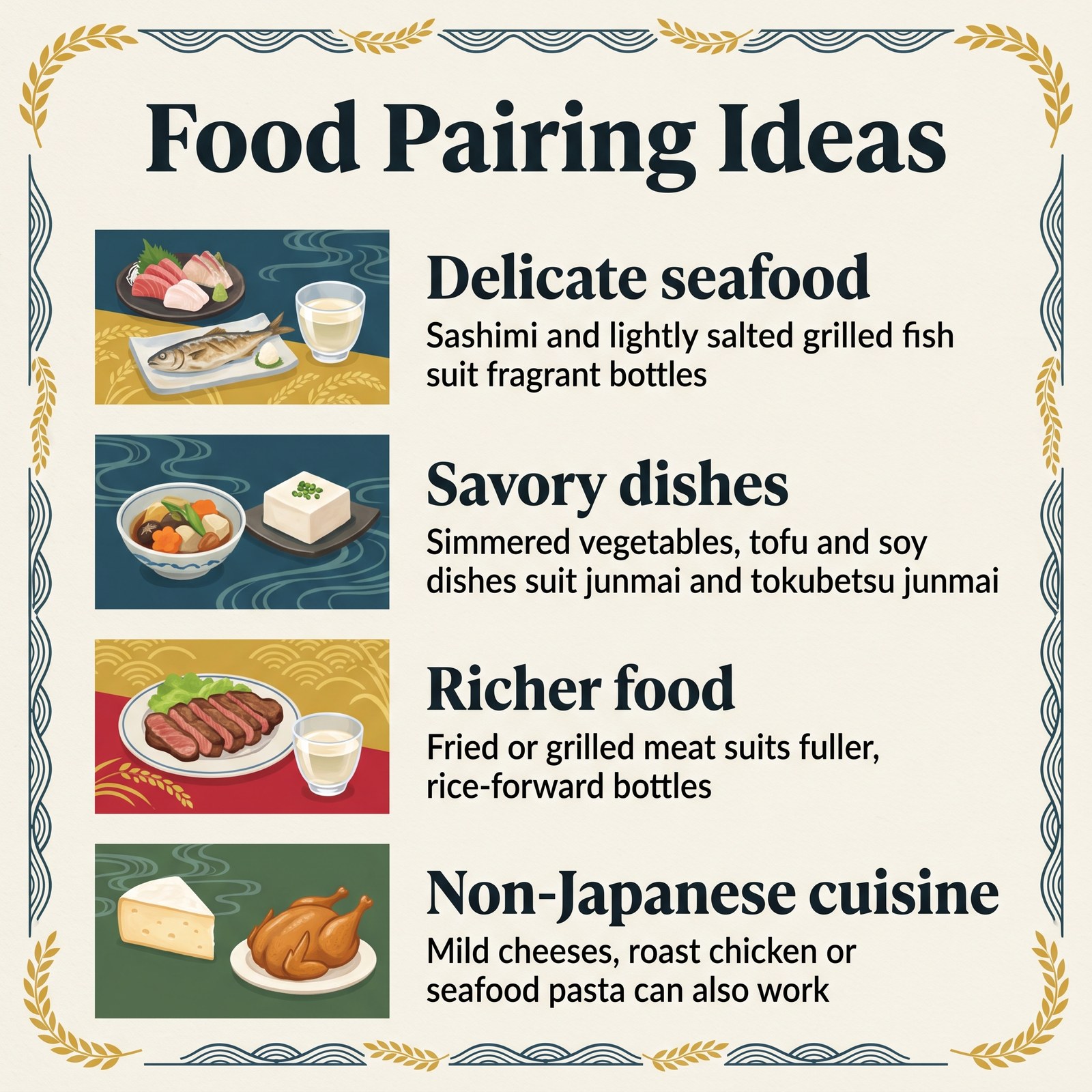 Illustration of food pairing ideas for Nabeshima sake