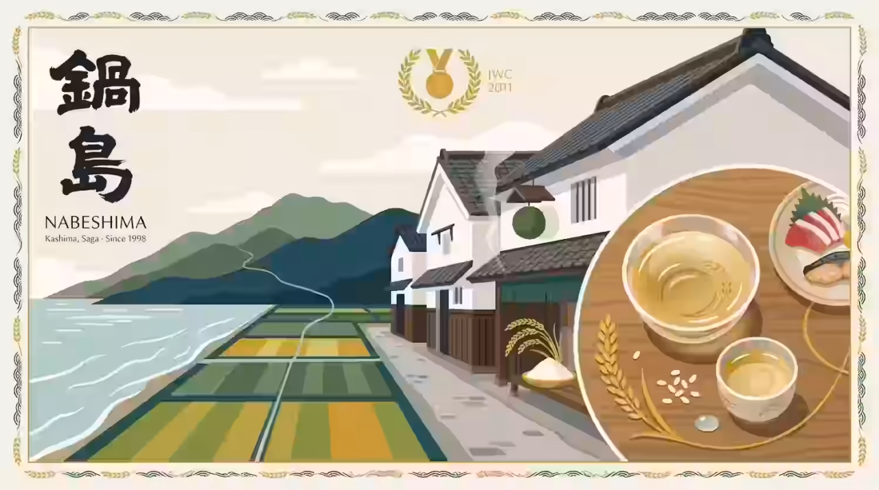 Nabeshima sake poster showing the Saga coast, rice fields, a brewery street, the IWC 2011 medal and a cup of sake