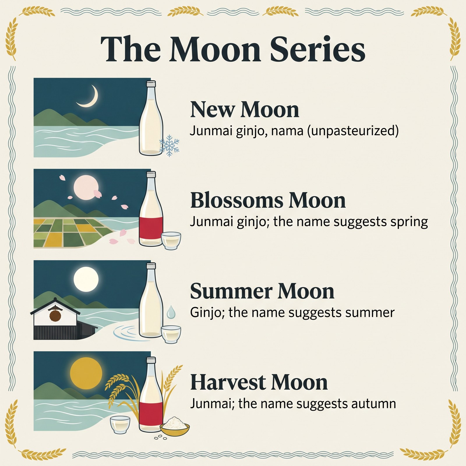 Illustration of the Nabeshima Moon series: New Moon, Blossoms Moon, Summer Moon and Harvest Moon