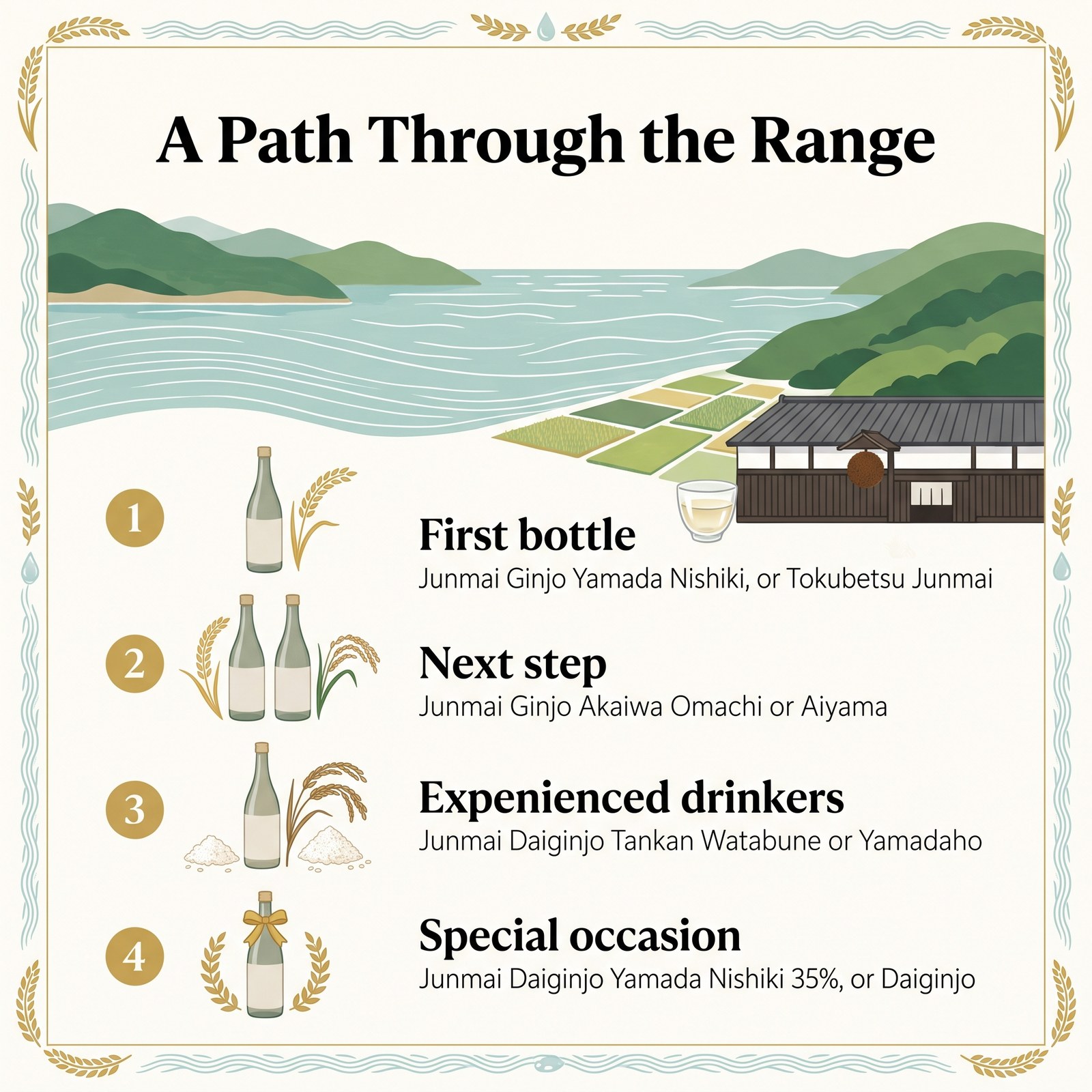Illustration of a path through the Nabeshima range from a first bottle to a special occasion