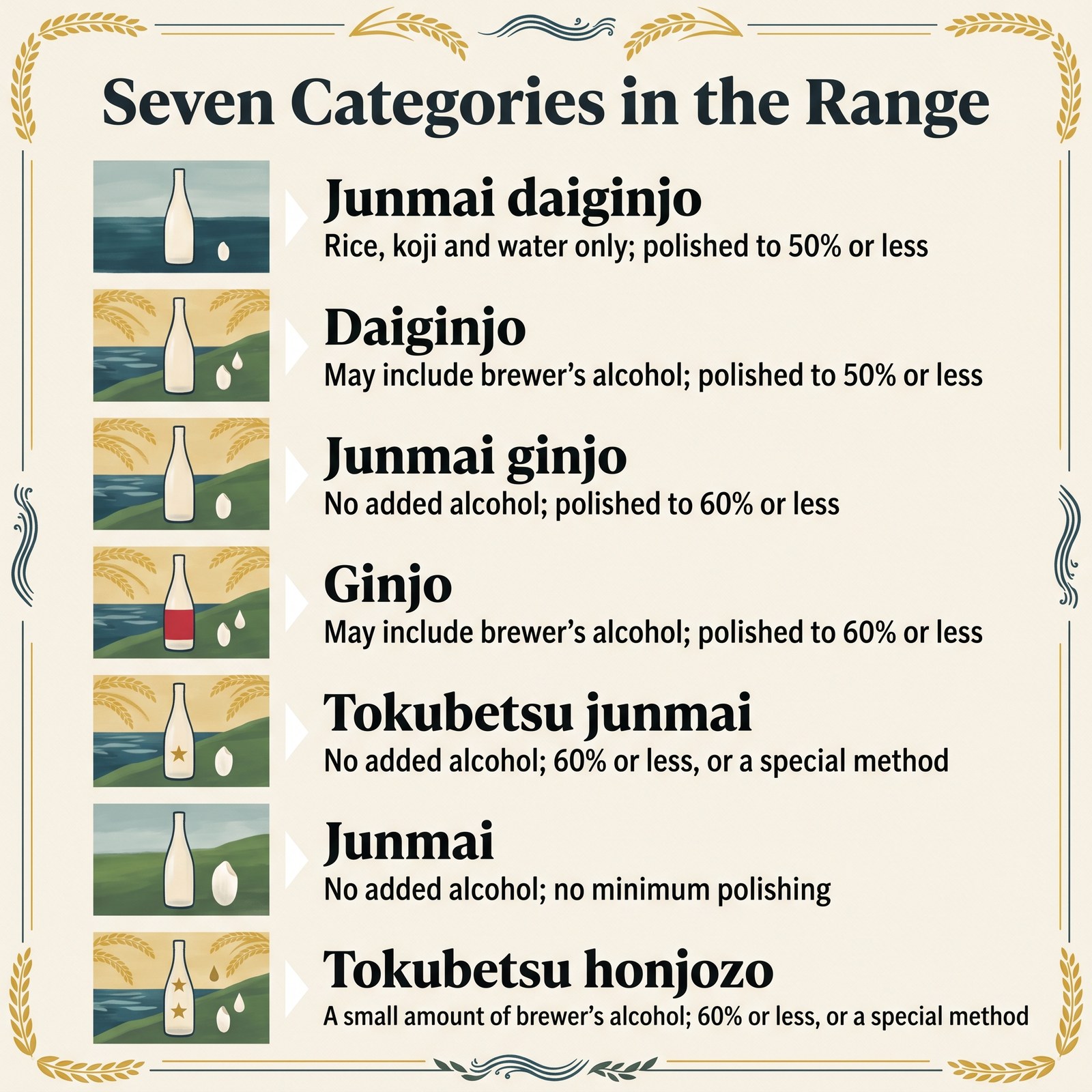 Illustration of seven sake categories in the Nabeshima range