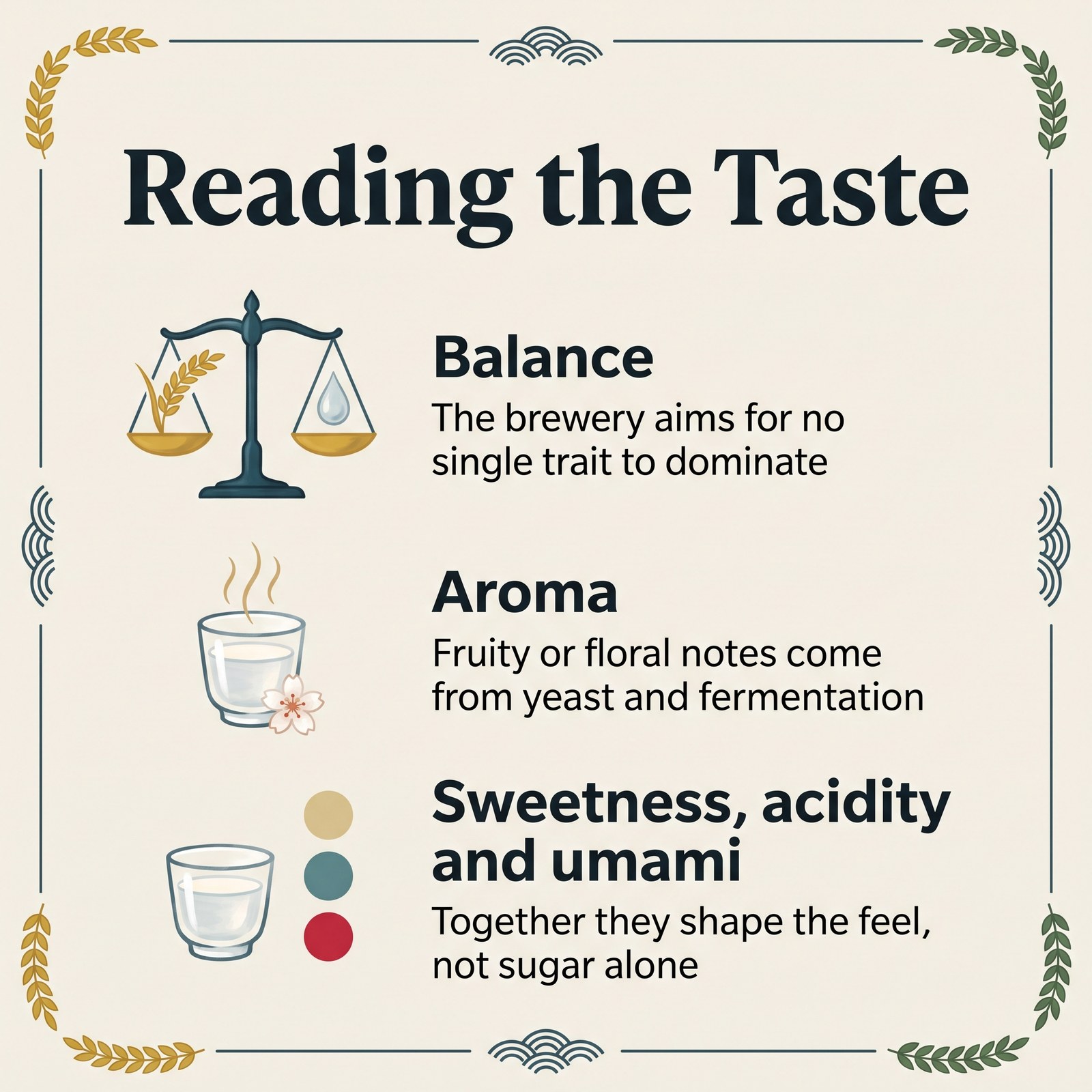 Illustration of how to read the taste of Nabeshima sake: balance, aroma, sweetness, acidity and umami