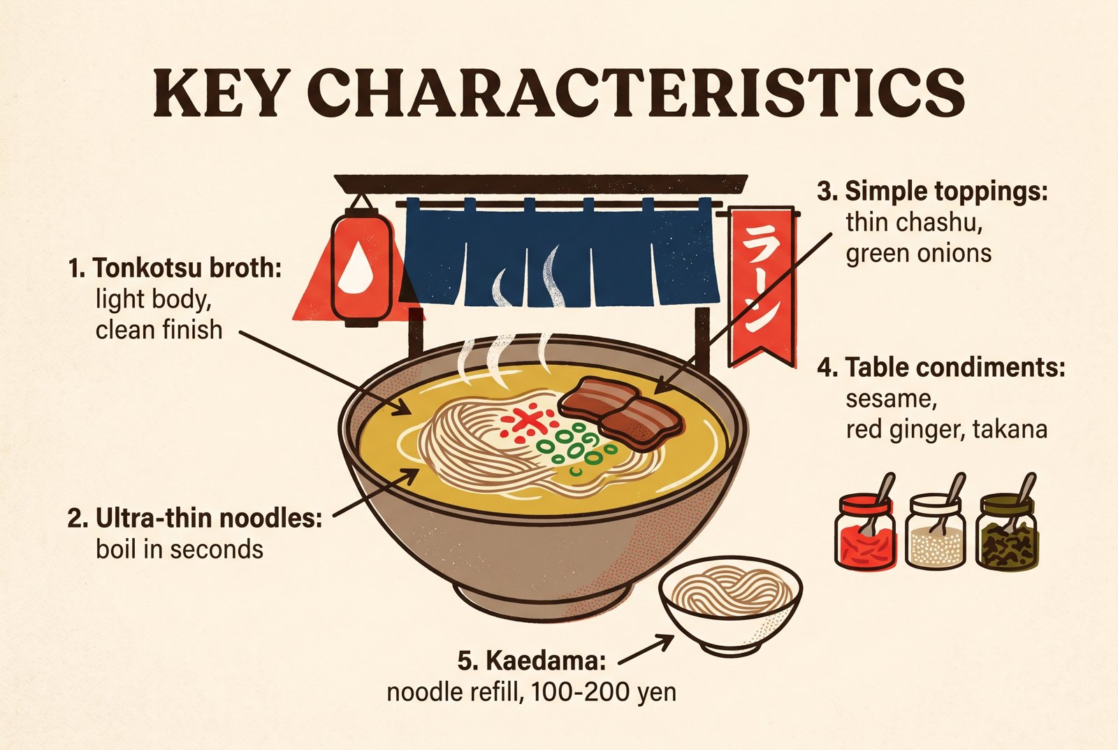 Schéma de style typographique des cinq caractéristiques clés du ramen de Nagahama