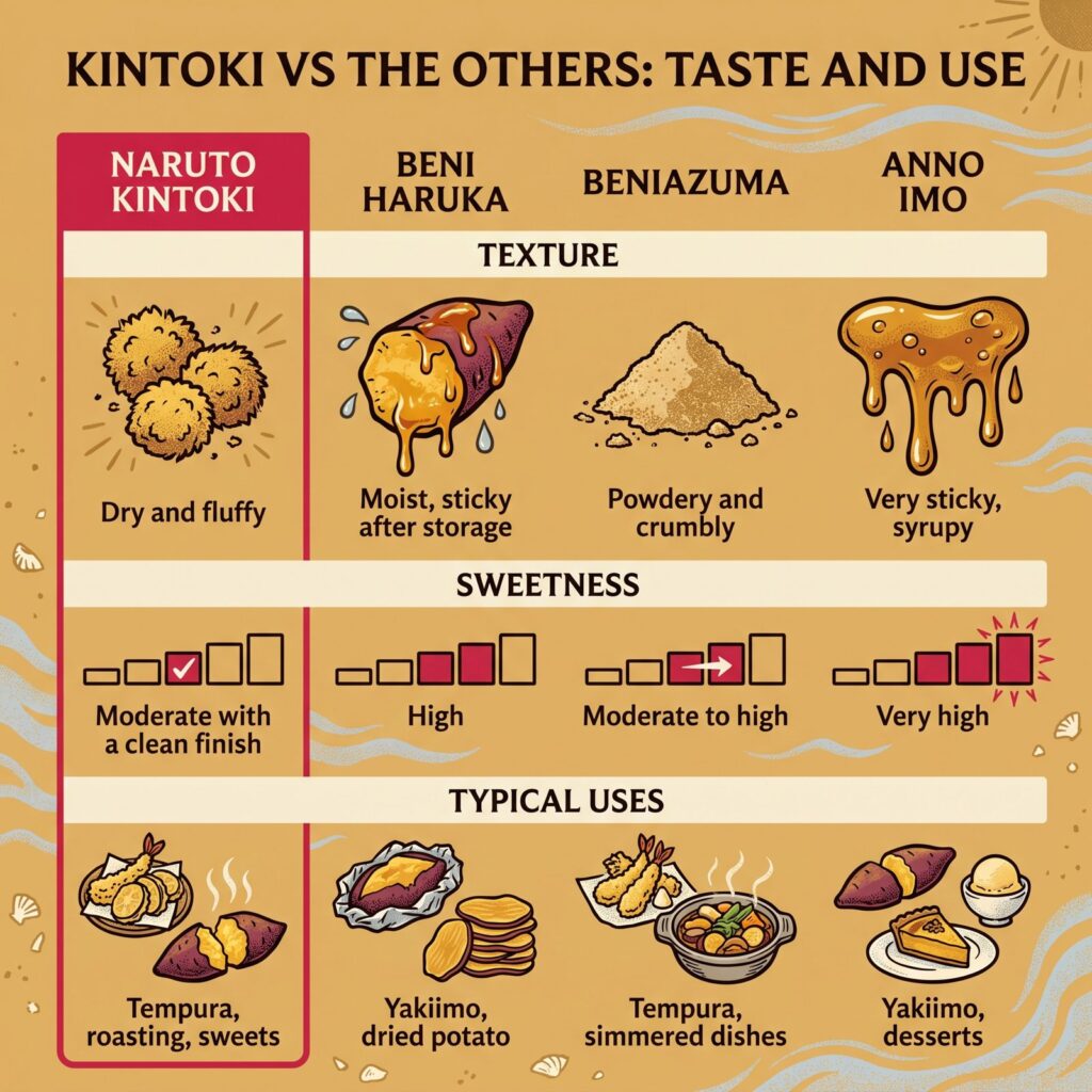 Naruto Kintoki compared with Beni Haruka, Beniazuma, and Anno Imo by texture, sweetness, and typical uses