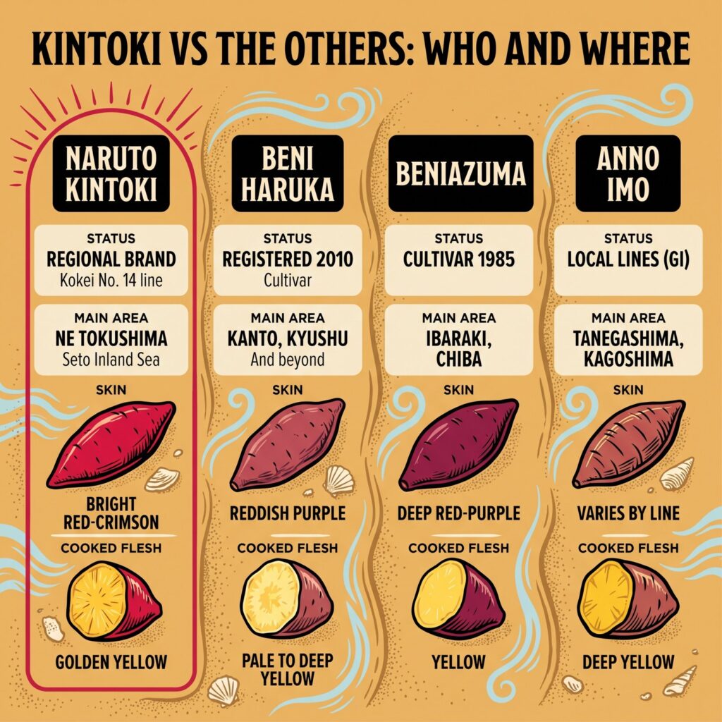 Naruto Kintoki compared with Beni Haruka, Beniazuma, and Anno Imo by status, main area, skin, and cooked flesh