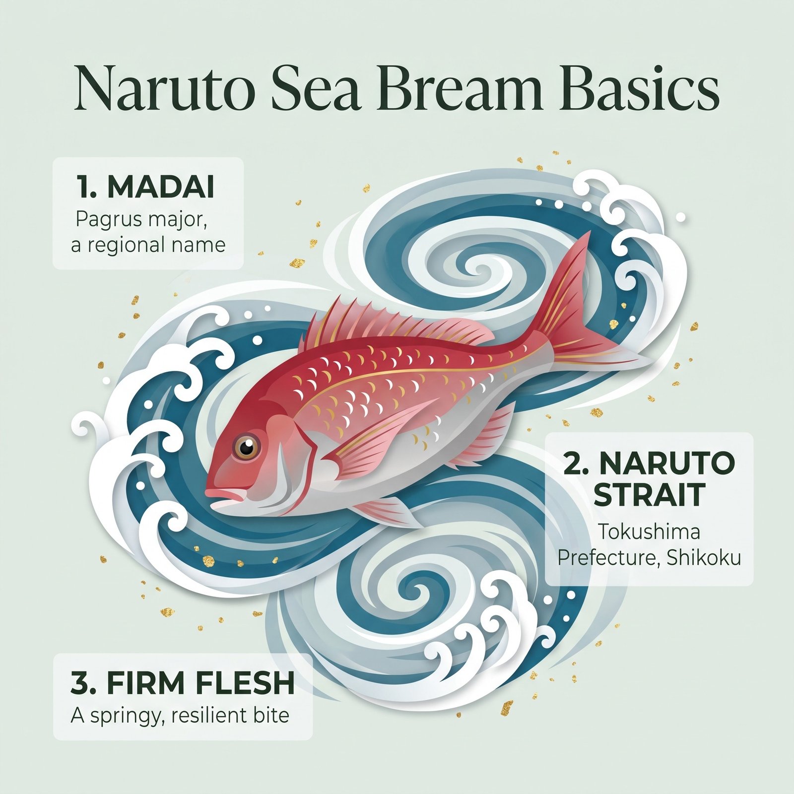 Illustration of a Naruto sea bream with crescent-shaped scales over a swirling whirlpool pattern