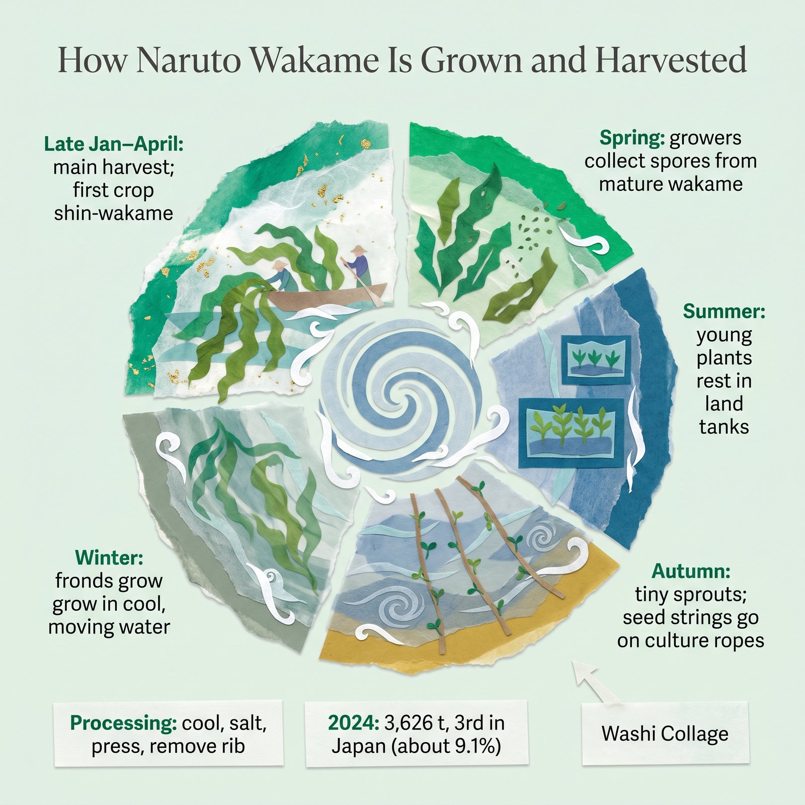 Yearly cycle of Naruto wakame farming from spores in spring to harvest in late winter and spring