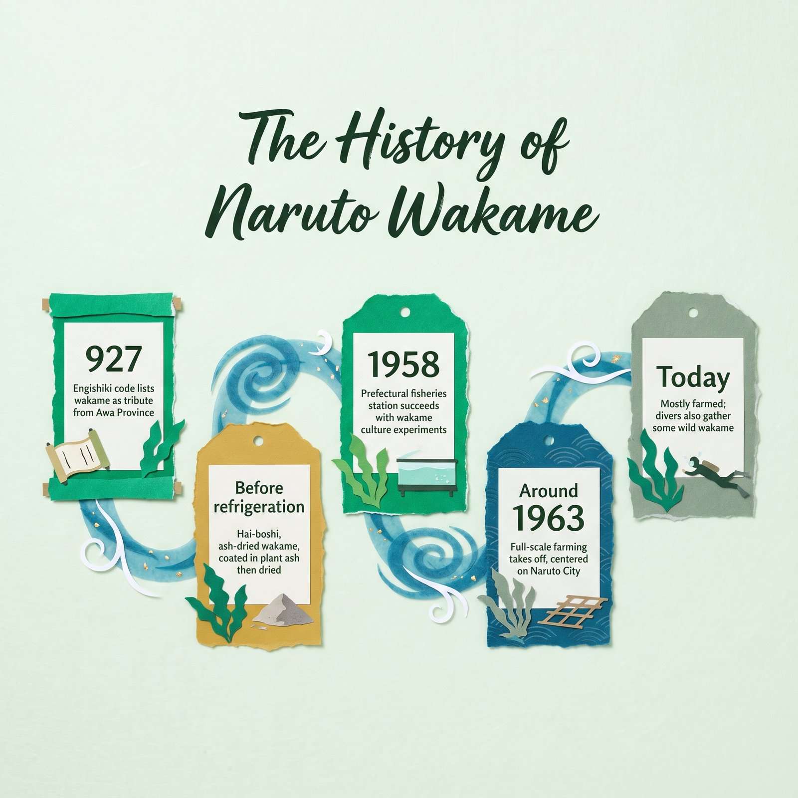 Timeline of Naruto wakame: 927 tribute record, ash-dried wakame, 1958 farming trials, and 1963 full-scale farming