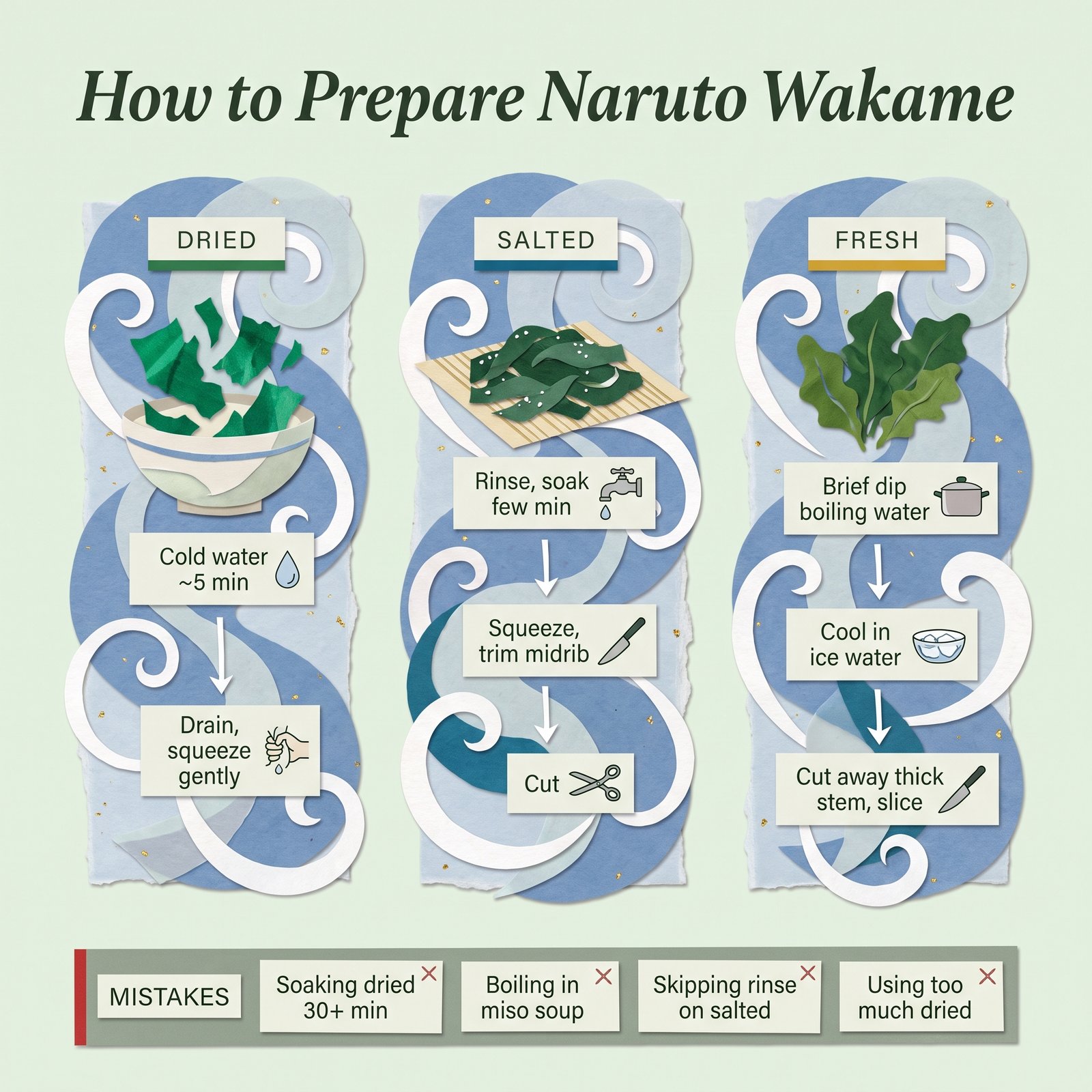 Steps for preparing dried, salted, and fresh wakame, plus four common mistakes
