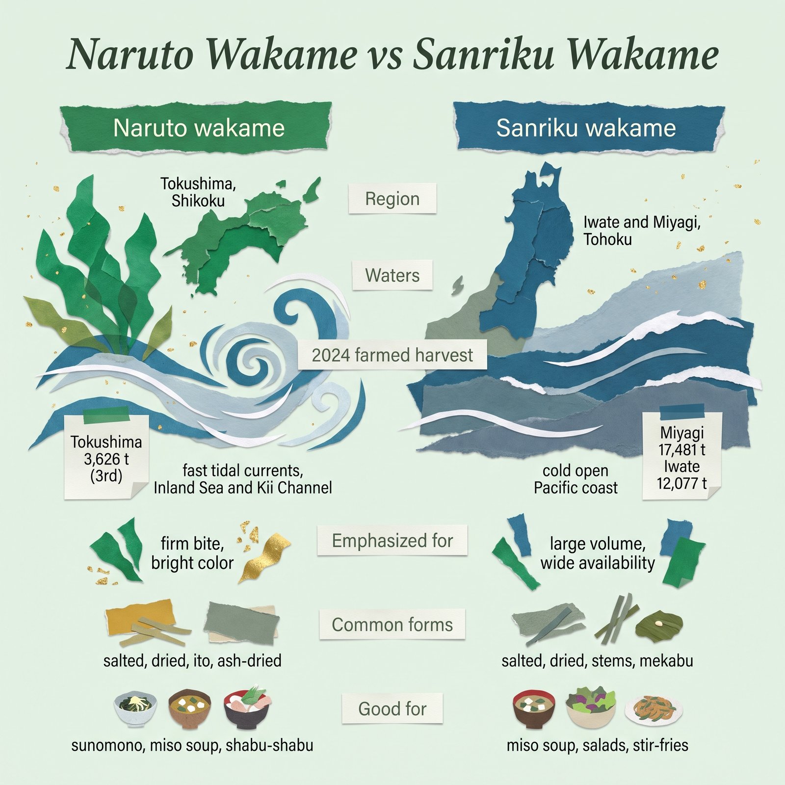 Comparison of Naruto wakame and Sanriku wakame: region, waters, 2024 harvest, strengths, forms, and uses