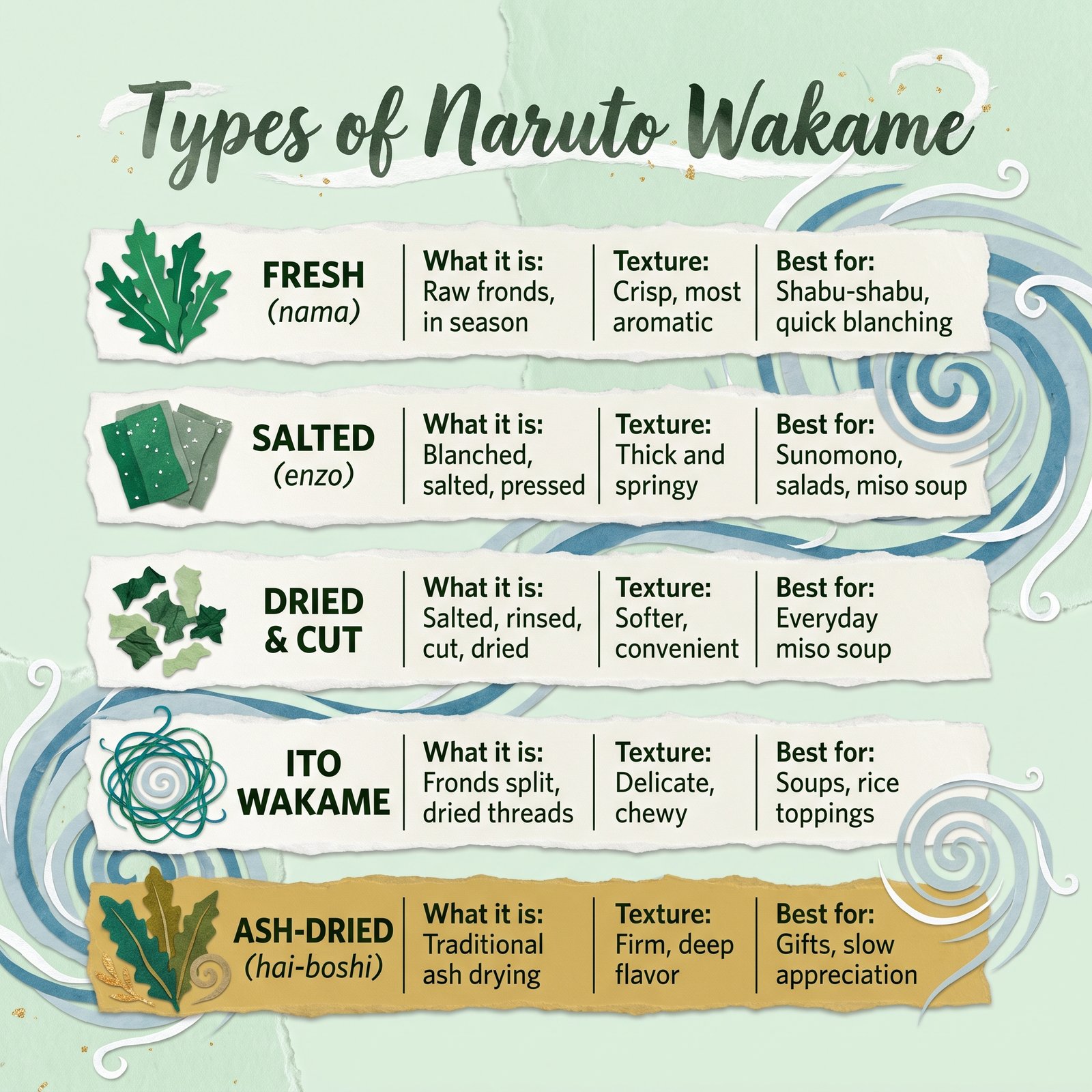 Five forms of Naruto wakame: fresh, salted, dried and cut, ito wakame, and ash-dried