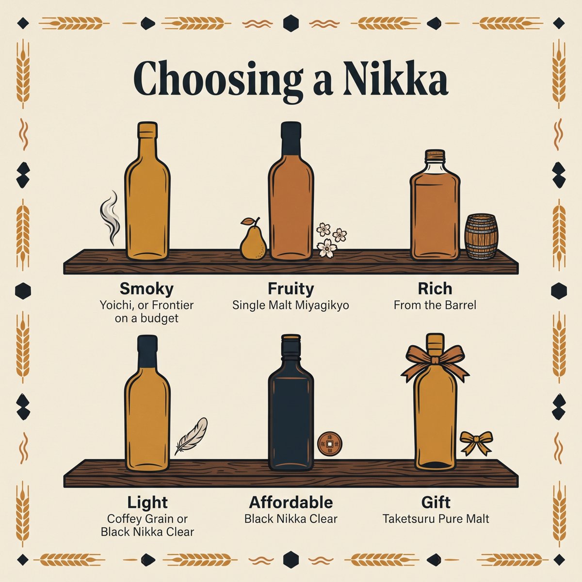 หกสไตล์รสชาติและข้อเสนอแนะขวดสำหรับการเลือก Nikka whisky
