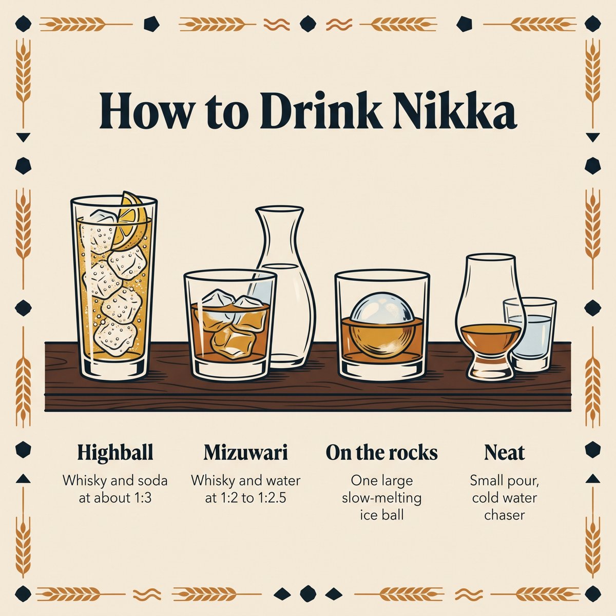 สี่วิธีดื่มวิสกี้ Nikka: ไฮบอล มิซุวาริ ออนเดอะร็อก และนีต