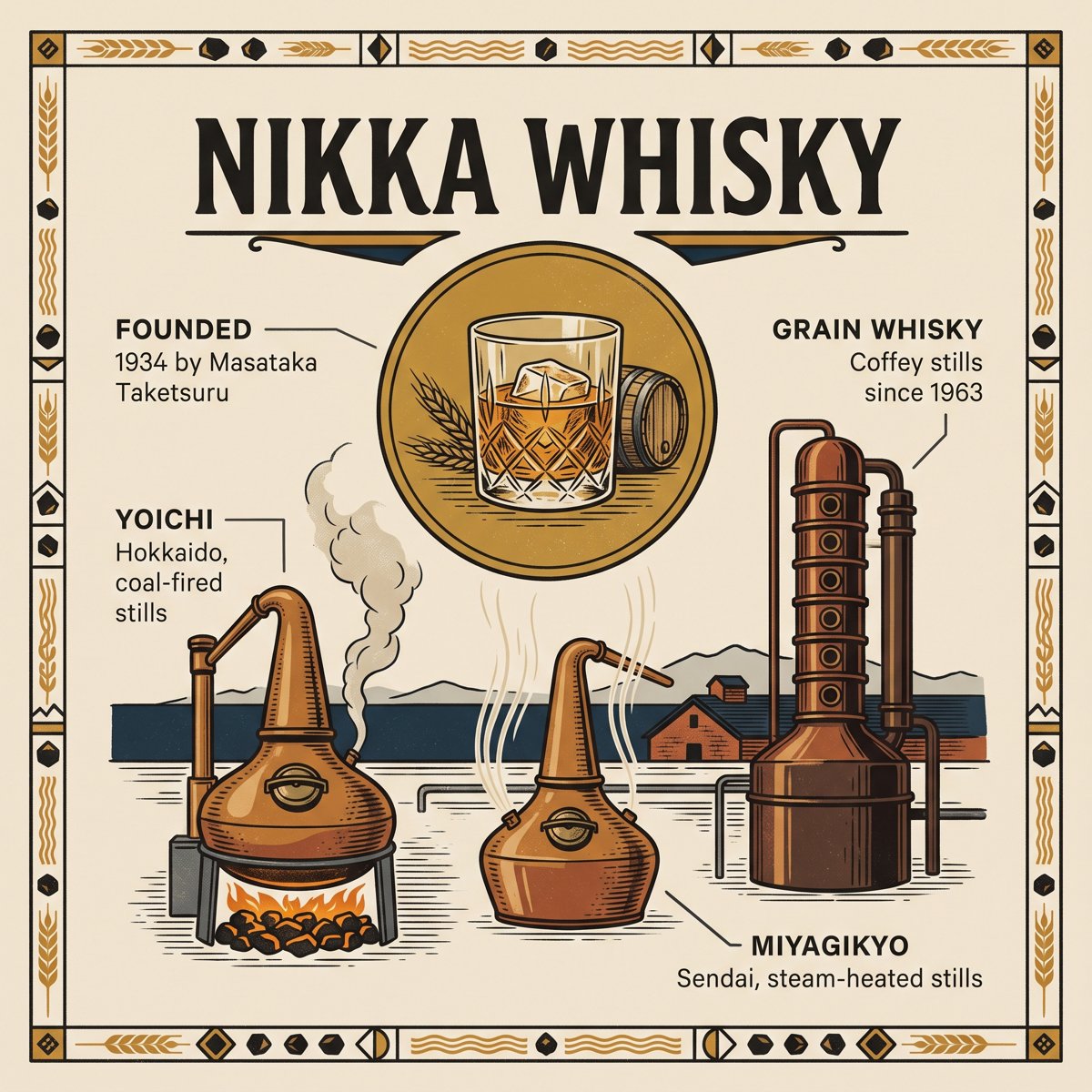 ข้อมูลสำคัญของ Nikka Whisky บนโปสเตอร์ที่มีพอตสทิลล์ทองแดงและแก้ววิสกี้