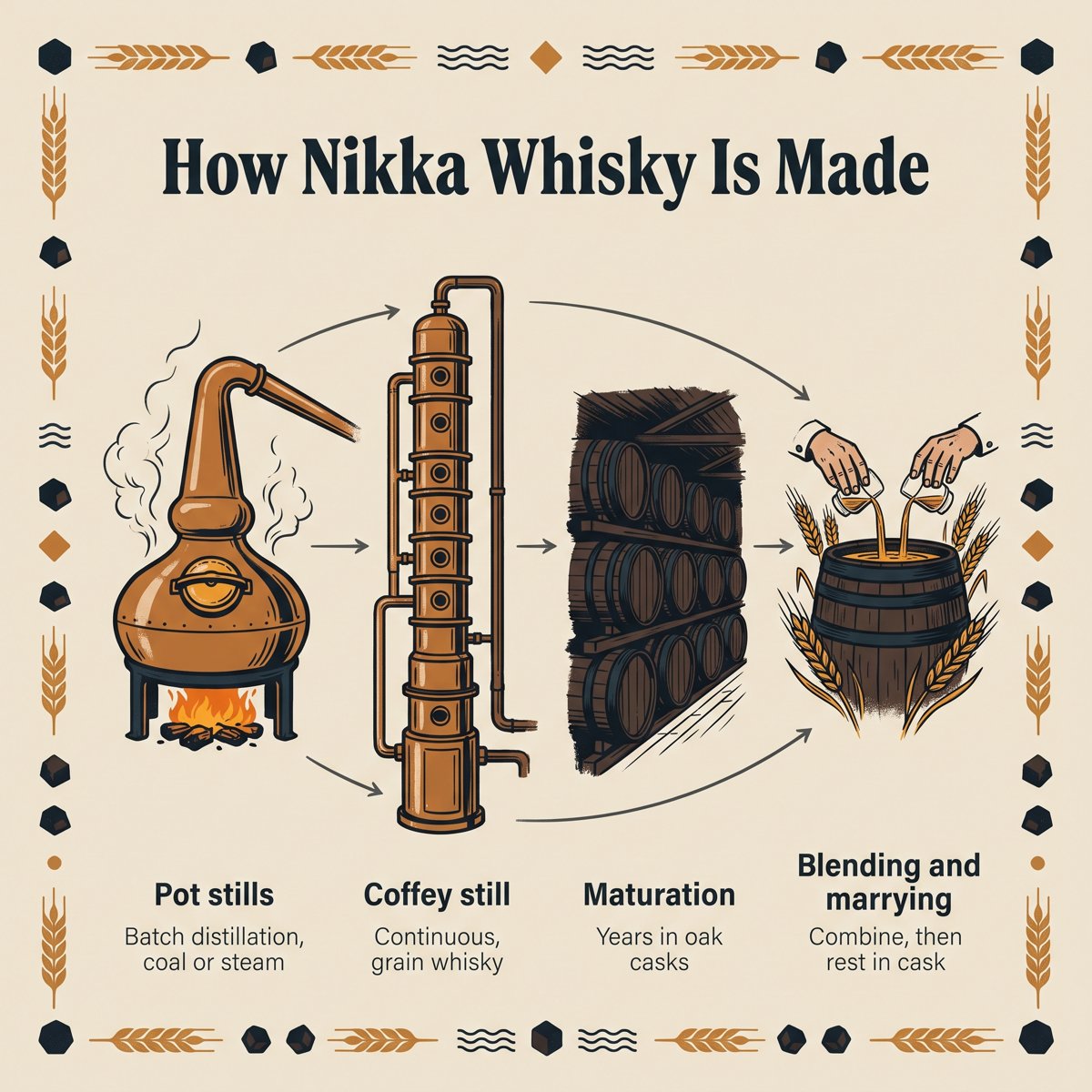 สี่ขั้นตอนการผลิตวิสกี้ Nikka: พอตสทิลล์ Coffey still การบ่ม และการเบลนด์