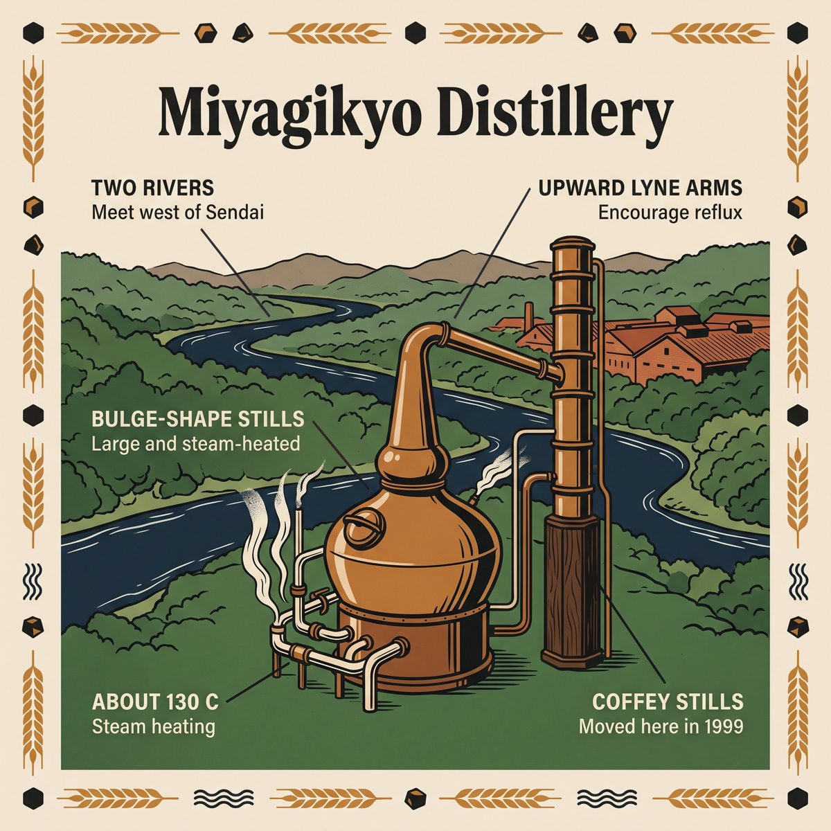 โรงกลั่น Miyagikyo กับพอตสทิลล์ที่ให้ความร้อนด้วยไอน้ำ และ Coffey still