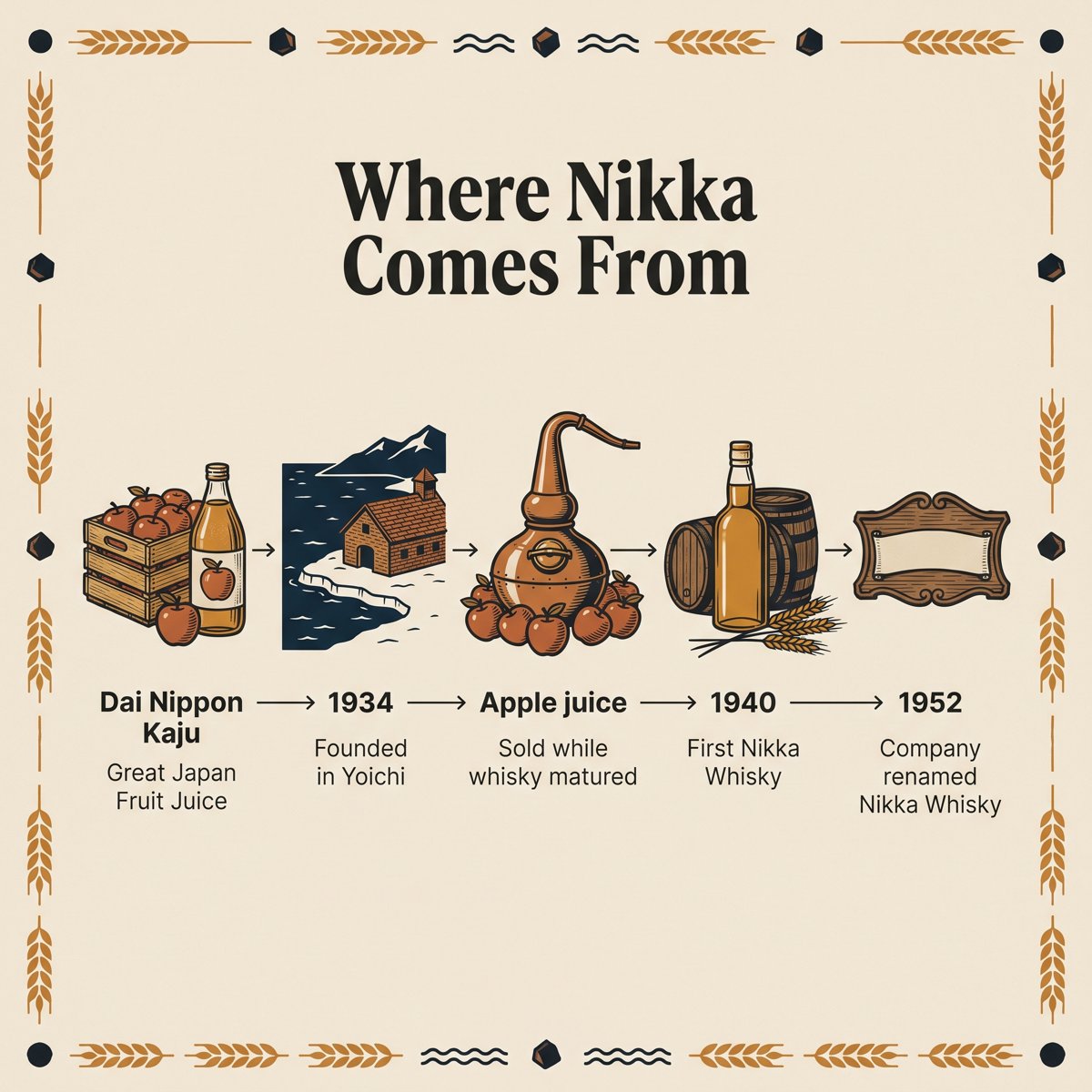 ชื่อ Nikka มาจาก Dai Nippon Kaju ตั้งแต่ปี 1934 ถึง 1952