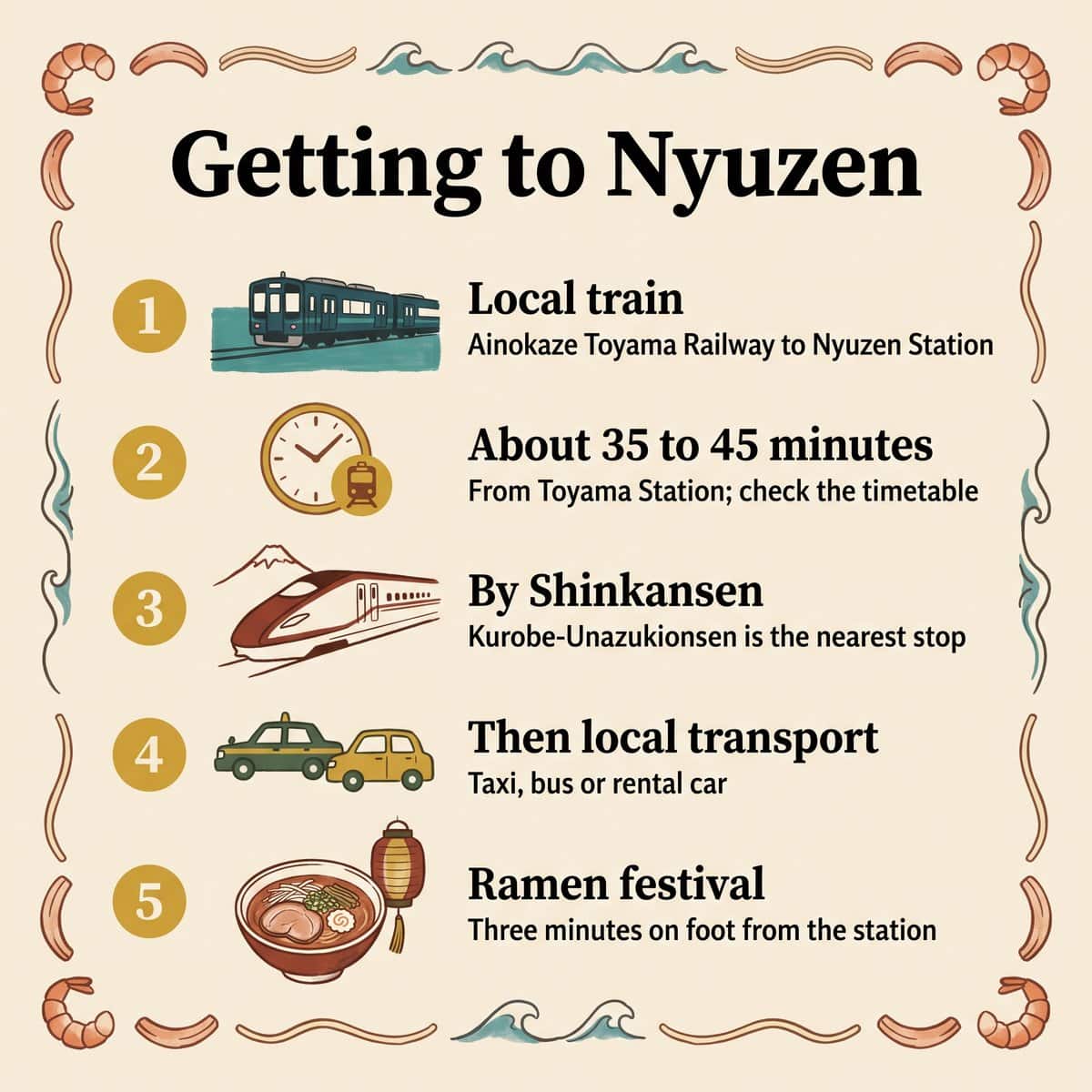 Illustration des moyens de se rendre à Nyuzen en train local, en Shinkansen et en transports locaux, avec le festival du ramen près de la gare