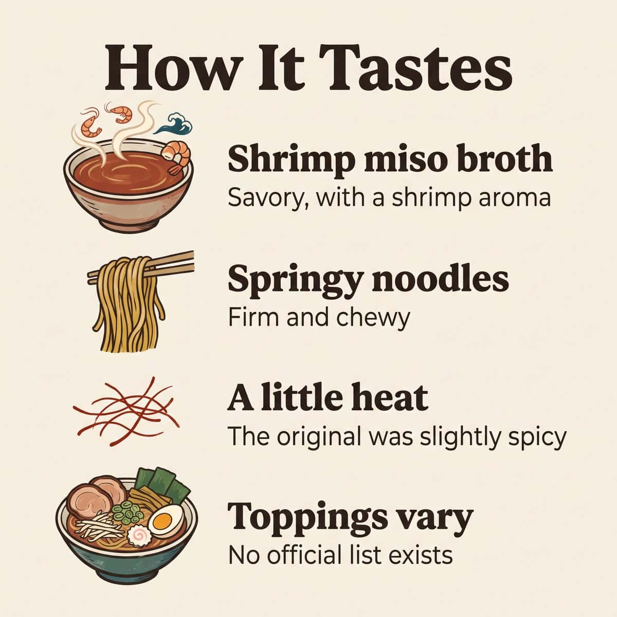 Illustration du goût du Nyuzen Brown Ramen : bouillon de miso aux crevettes, nouilles fermes et élastiques, un peu de piquant et des garnitures variables