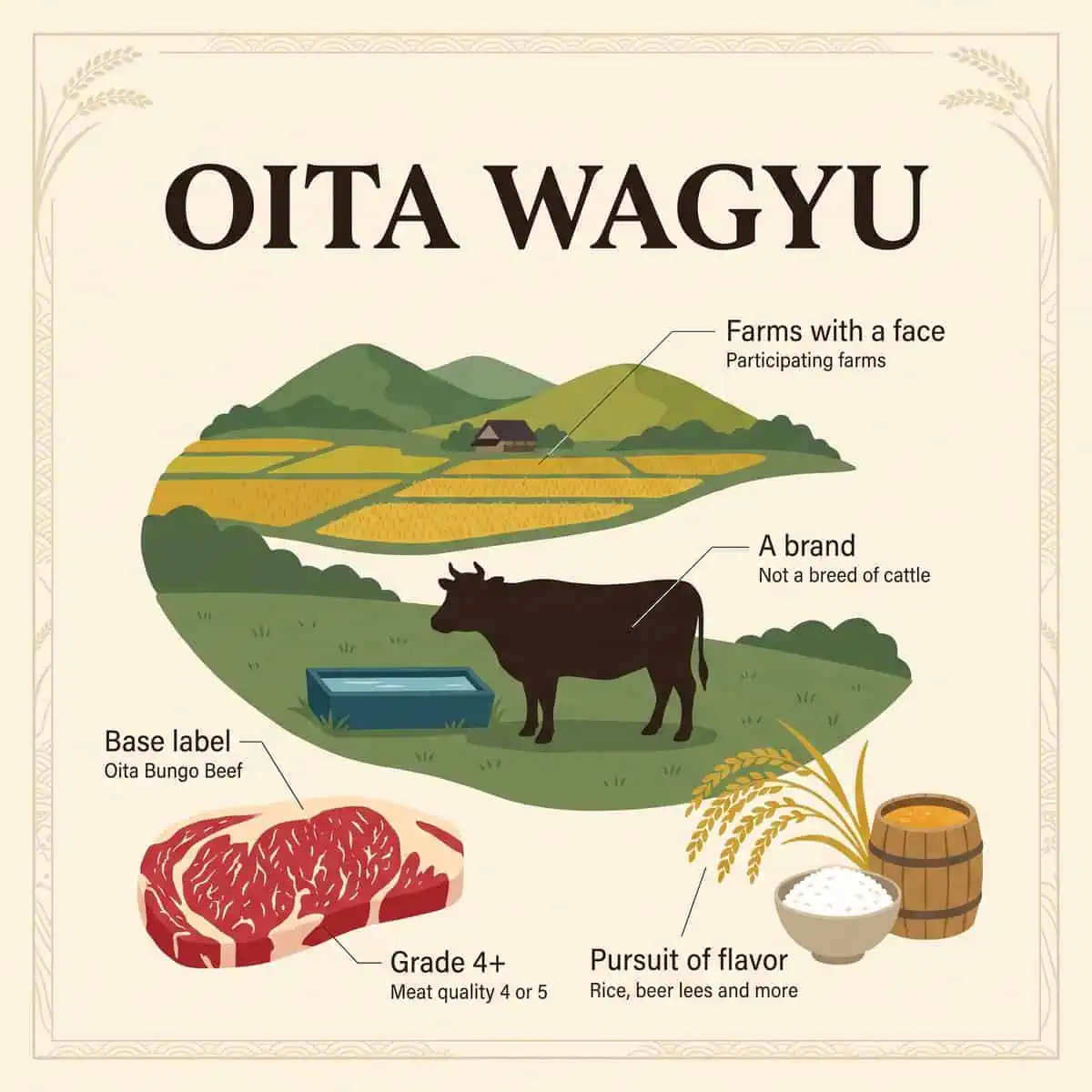 Illustration von Oita Wagyu: grüne Hügel in Oita mit Reisfeldern, die schwarze Silhouette eines Japanischen Schwarzrinds und eine dicke Scheibe marmoriertes Rindfleisch mit Reis und Biertreber
