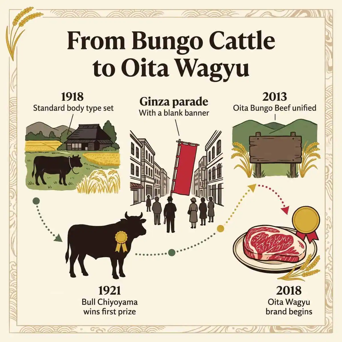 Illustration der Geschichte von den Bungo-Rindern 1918 und dem Preis von 1921 bis zur Marke Oita Wagyu im Jahr 2018