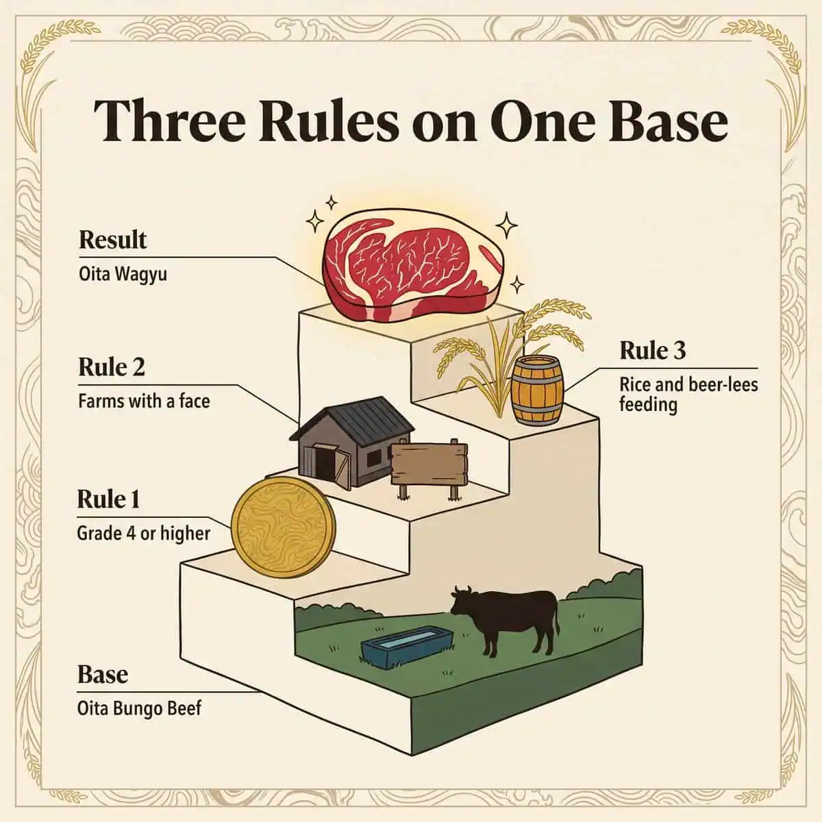 Illustration der drei Oita-Wagyu-Regeln auf der Grundlage von Oita Bungo Beef: Stufe 4 oder höher, Betriebe mit Gesicht und Fütterung mit Reis und Biertreber