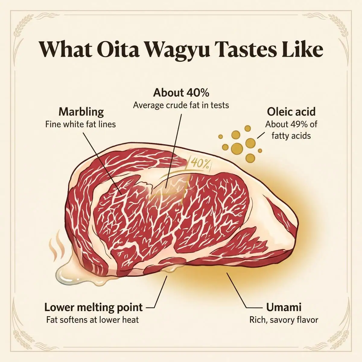 Illustration des Geschmacks von Oita Wagyu: feine Marmorierung, Ölsäure, ein niedrigerer Schmelzpunkt und Umami