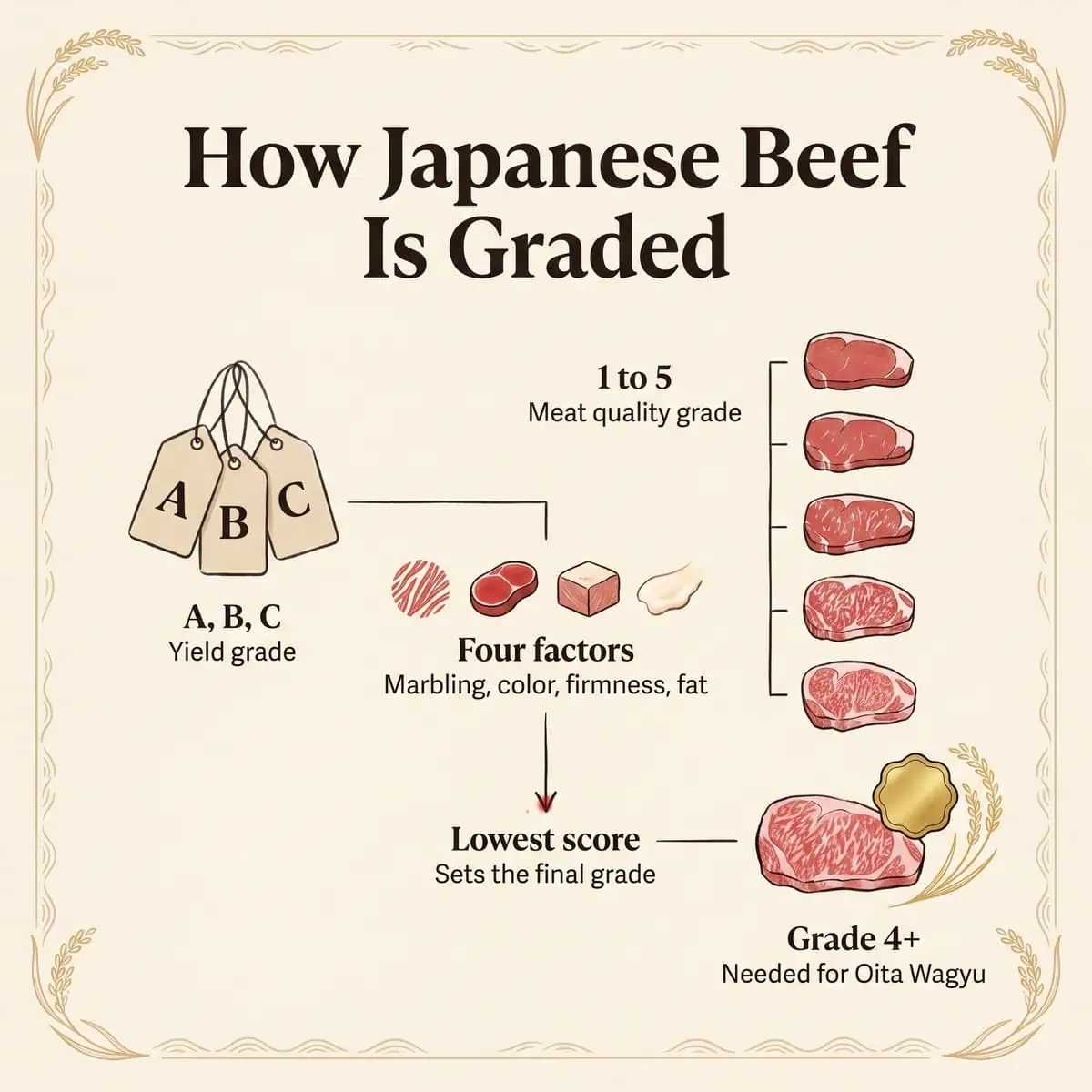 Illustration der Bewertung von japanischem Rindfleisch: Ausbeuteklassen A, B und C und Fleischqualitätsstufen 1 bis 5