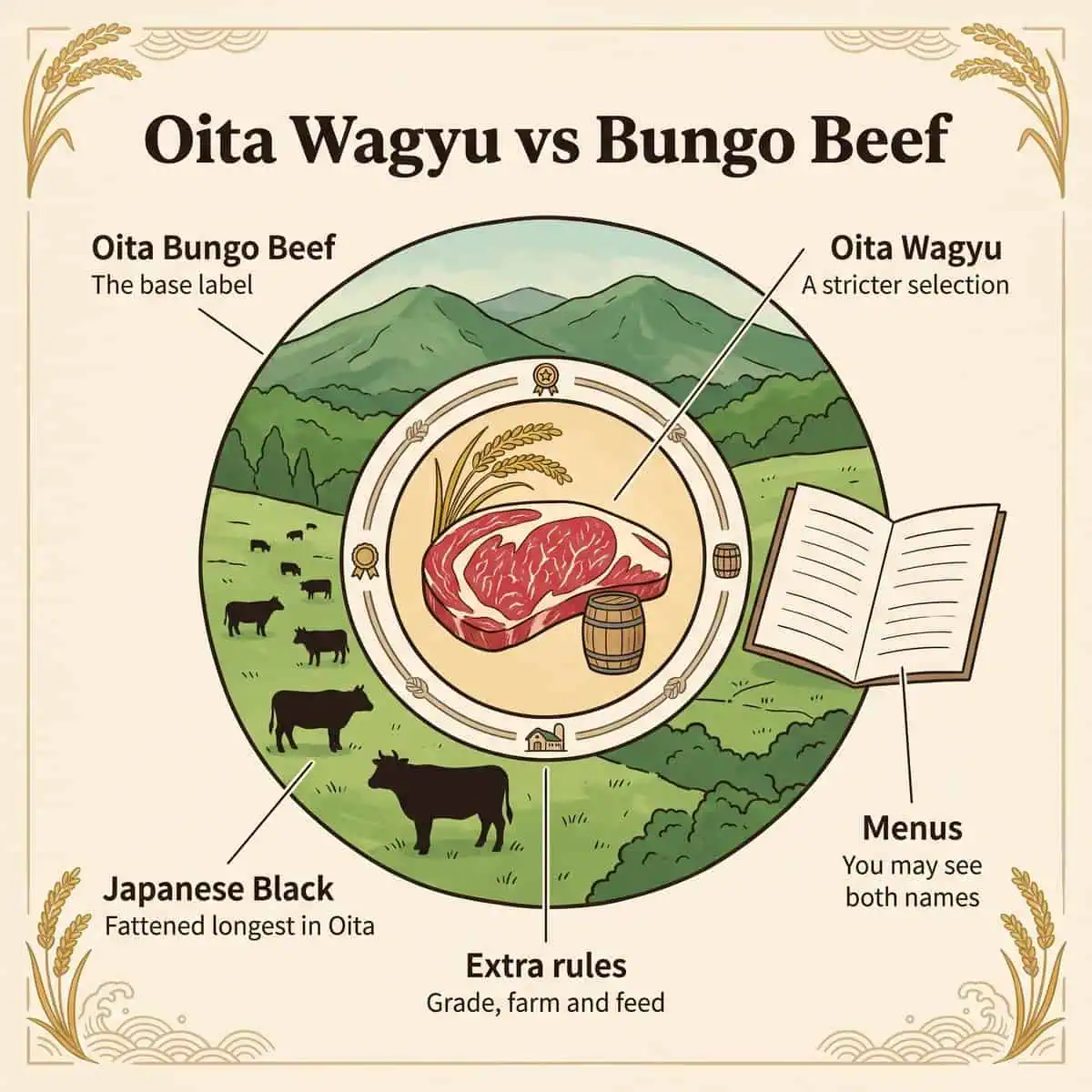 Illustration eines Vergleichs von Oita Wagyu mit Oita Bungo Beef als strengere Auswahl innerhalb der Basismarke