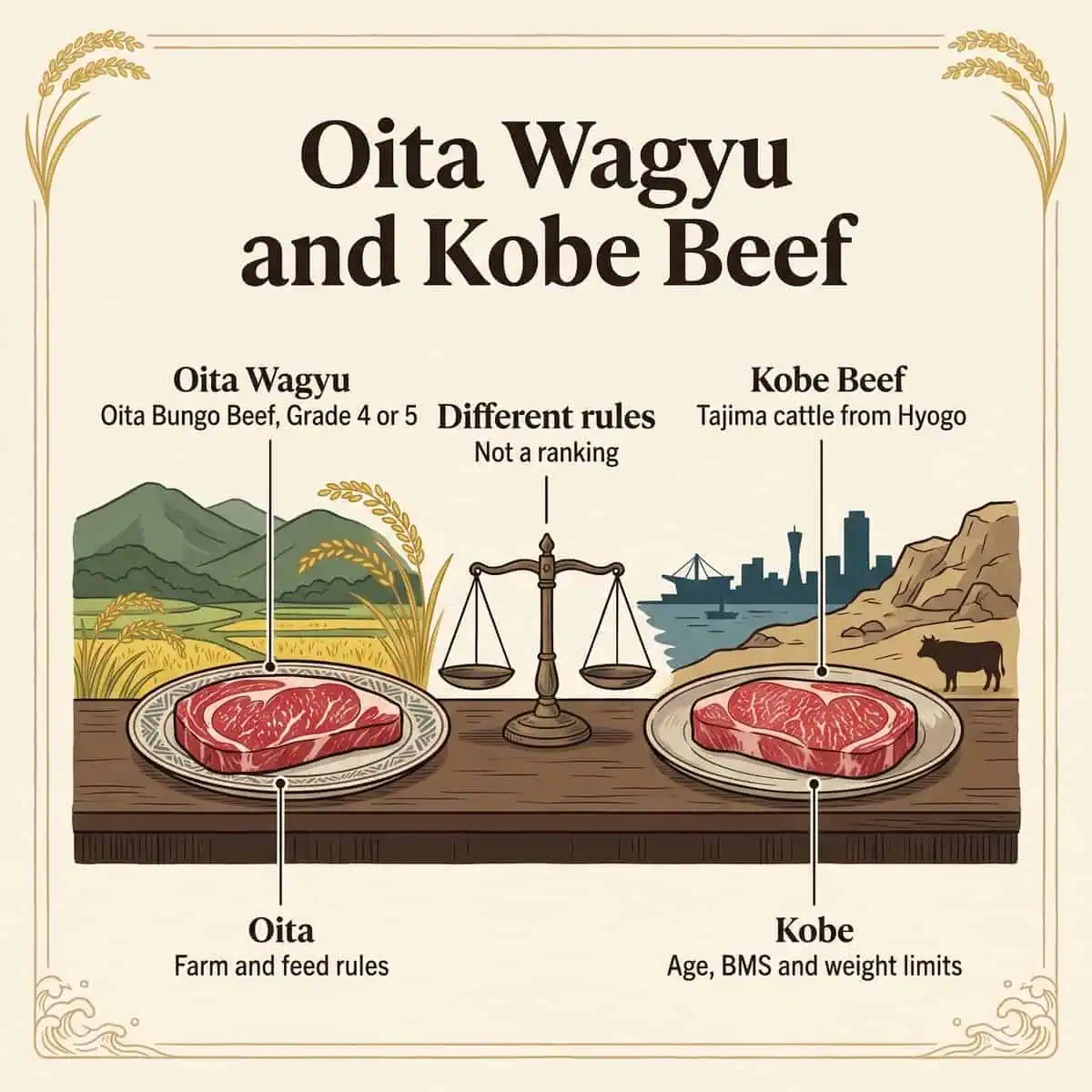 Illustration eines Vergleichs von Oita Wagyu und Kobe Beef auf einer ausgeglichenen Waage, die unterschiedliche Regeln statt einer Rangfolge zeigt
